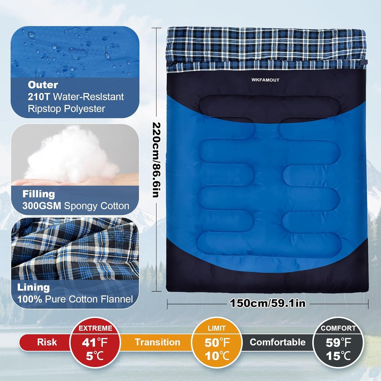 Double Sleeping Bag for Adults Machine Washable 2 Person Camping Sleeping Bag Queen Size Waterproof with Compression Sack for Cold Weather 3-4 Seasons