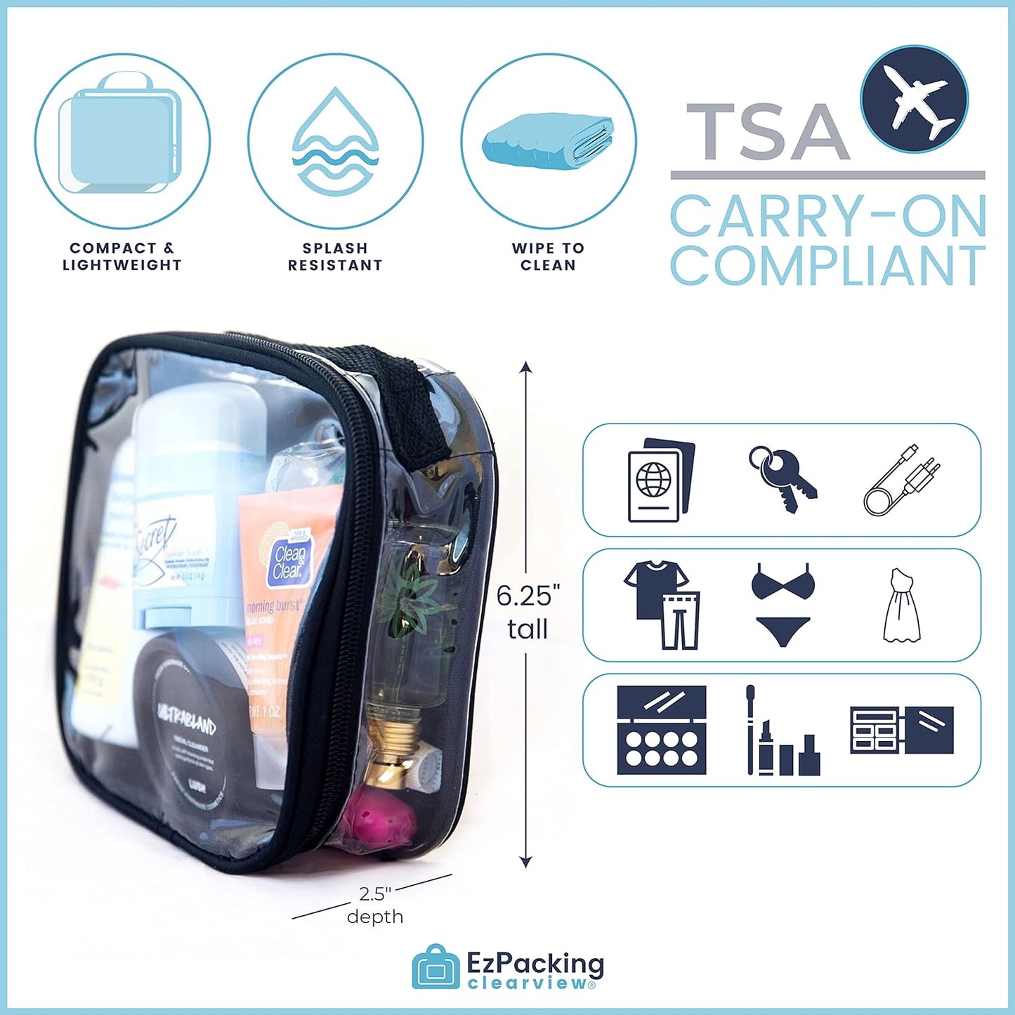 Clear TSA Approved 3-1-1 Travel Toiletry Bag for Carry On / Quart Size Transparent Liquids Pouch for Airport Security / Reusable See Through Vinyl & PVC Plastic Organizer for Men and Women (Black)