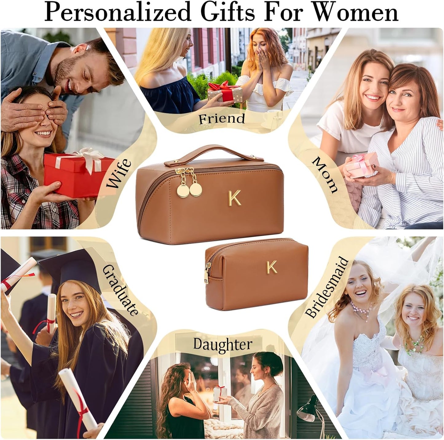 Birthday Gifts for Women Teen Girl, Personalized Initial Makeup Organizer Bag Set, Open Flat Travel Cosmetic Bag With Clear Divider and Handle(Brown,K)