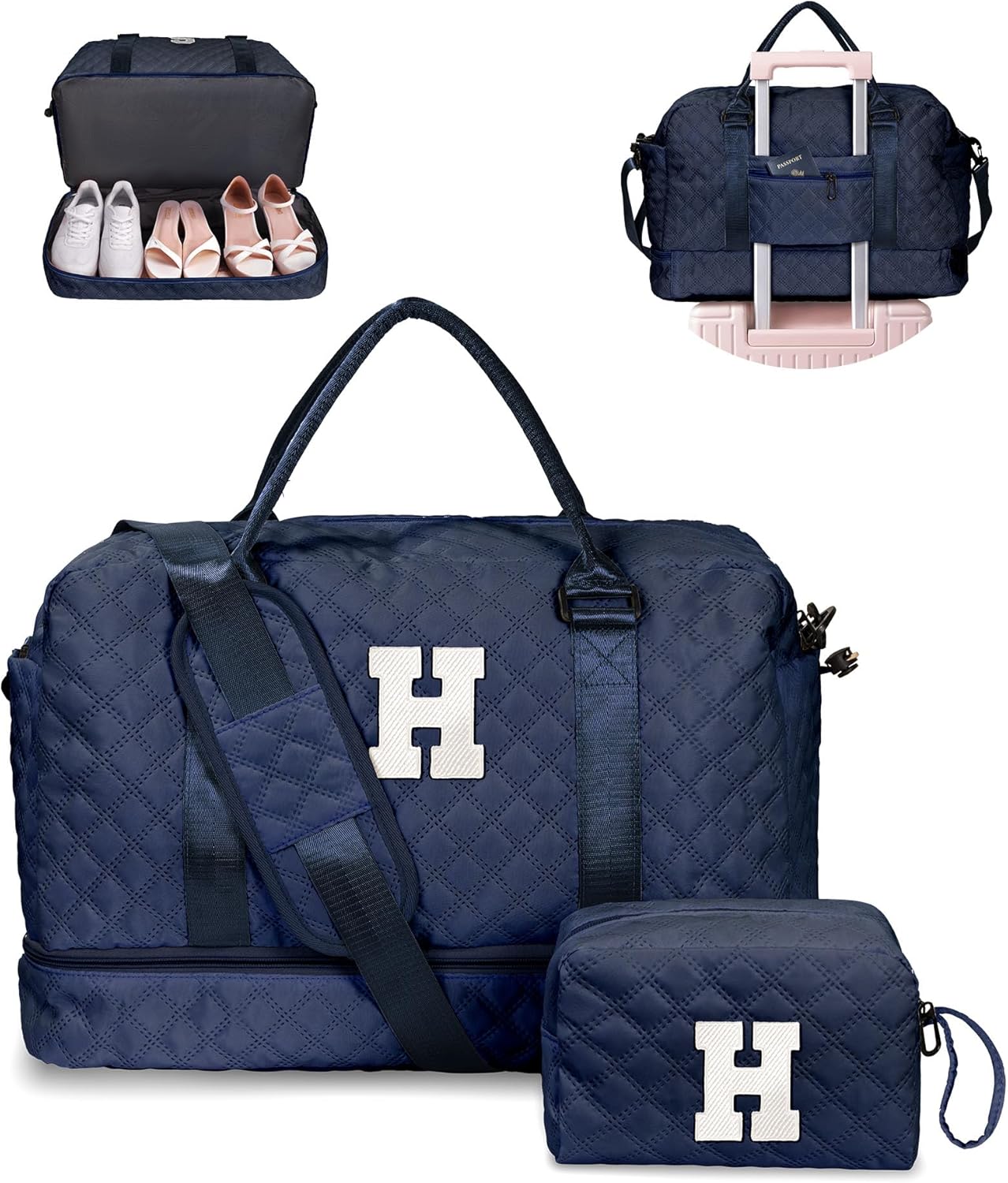 Gifts for Teen-Girls-Initial Duffle Bag with Shoe Compartment, Personalized Weekender Bag, Monogram Overnight Bag, Travel Bag with Makeup Bag，Birthday Gift Graduate Gifts for Her (Letter H)