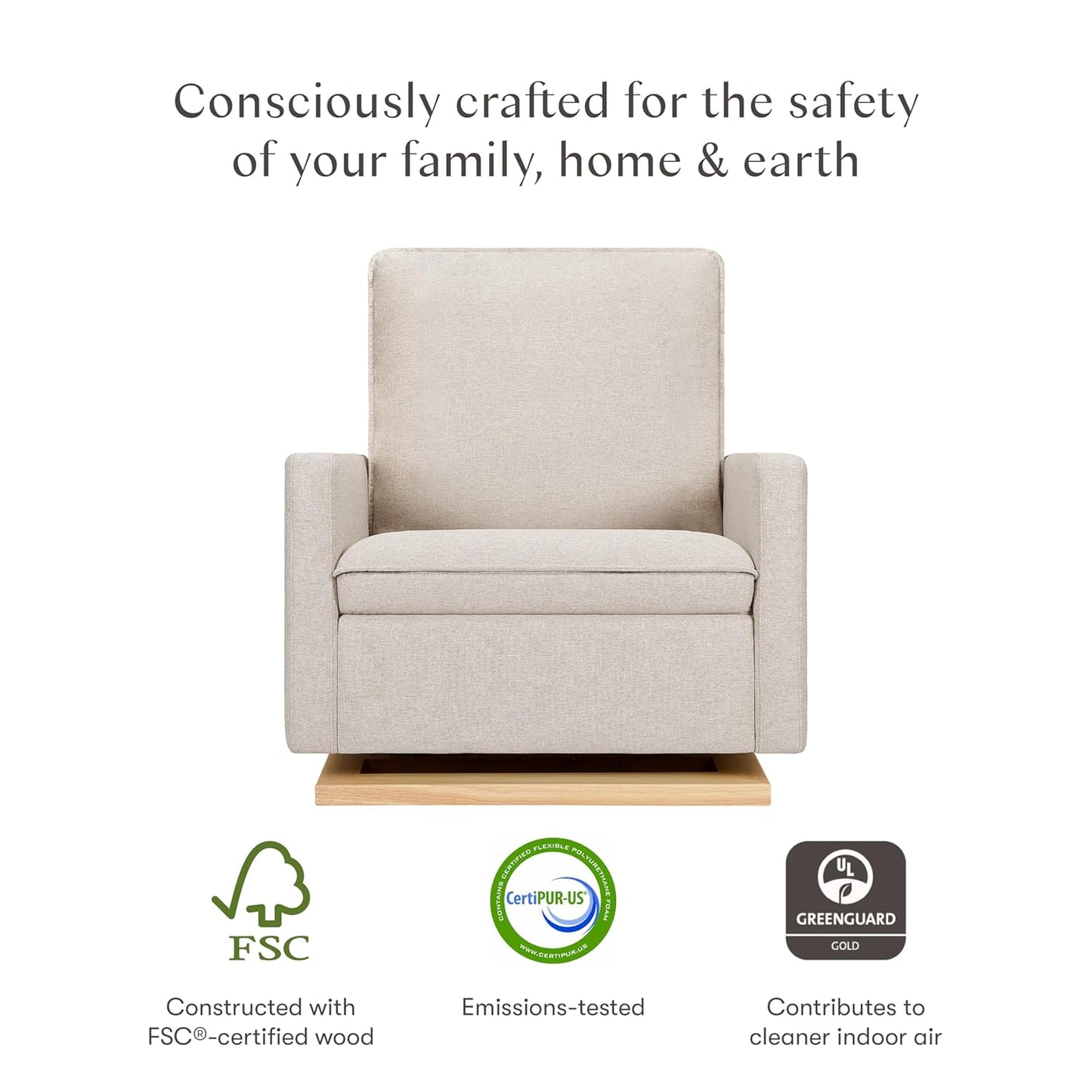 babyletto Cali Pillowback Chair and a Half Glider in Performance Beach Eco-Weave with Light Wood Base, Water Repellent & Stain Resistant, Greenguard Gold and CertiPUR-US Certified