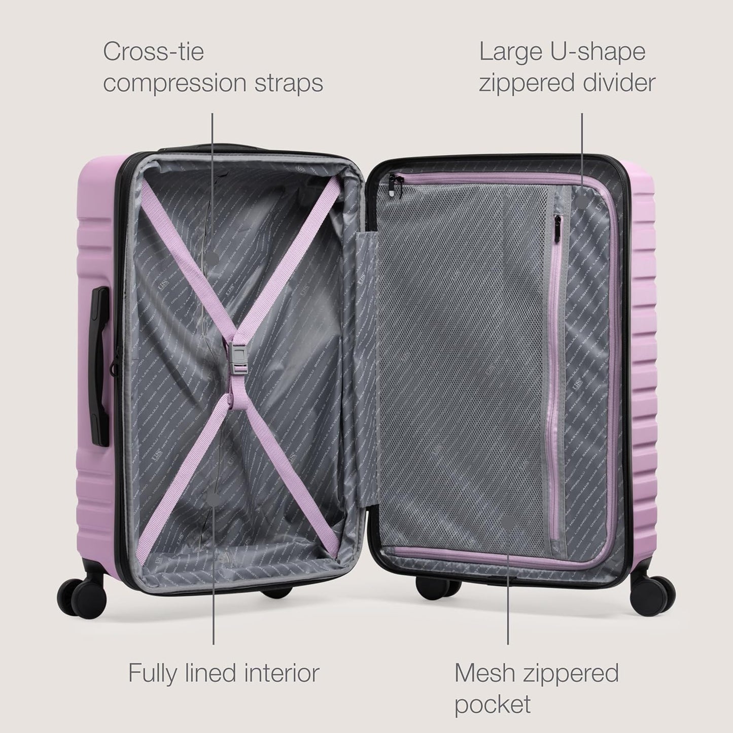 U.S. Traveler Boren Polycarbonate Hardside Rugged Travel Suitcase Luggage with 8 Spinner Wheels, Aluminum Handle, Lavender, 2-Piece Set, USB Port in Carry-On