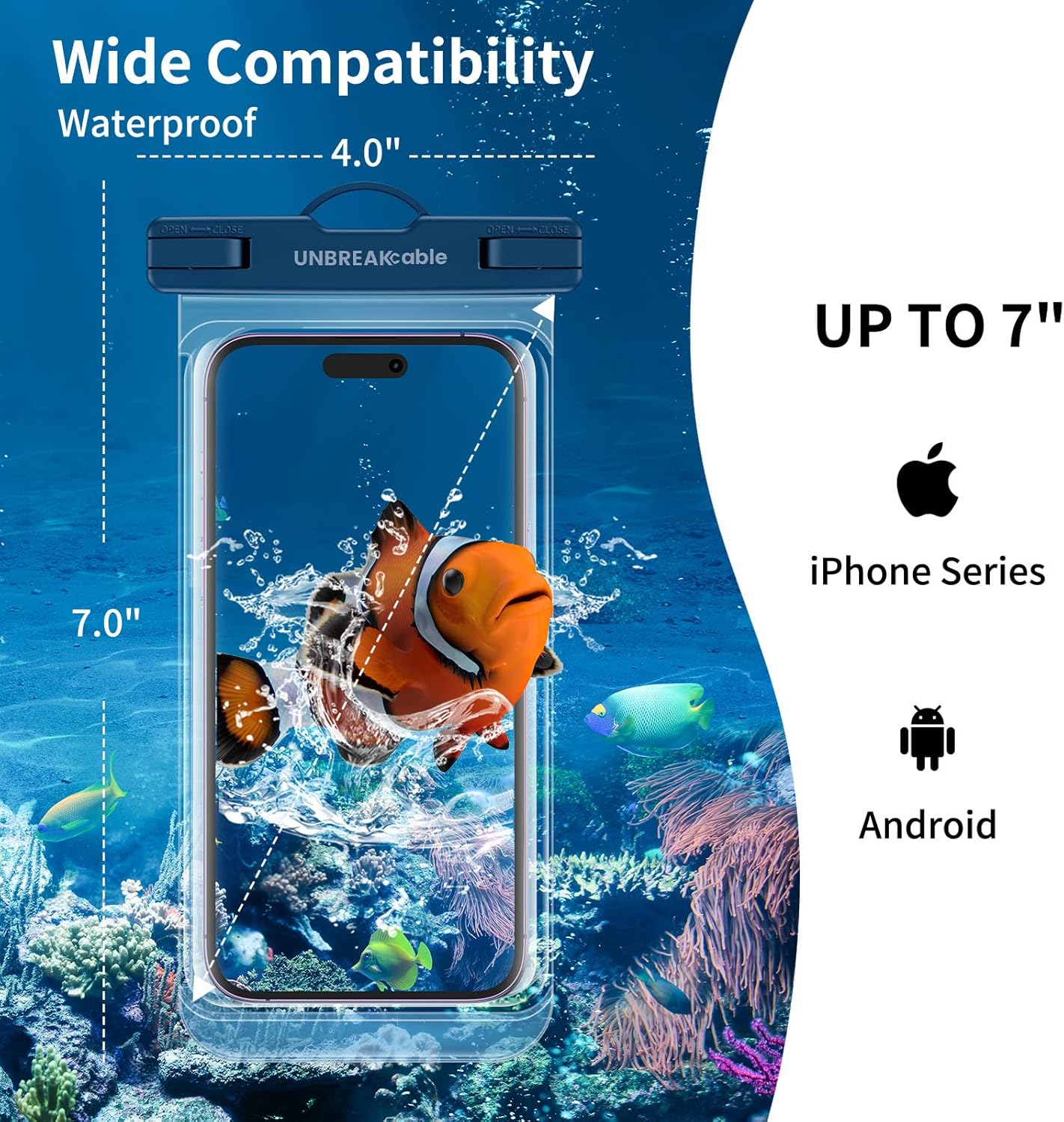 UNBREAKcable Waterproof Phone Pouch-2 Pack IPX8 Waterproof Phone Case for iPhone 16 15 14 13 12 11 Pro Max & Samsung S25 S24-Dry Bag & Travel Essentials for Beach, Pool, Kayak & Cruise-7" Black+Blue