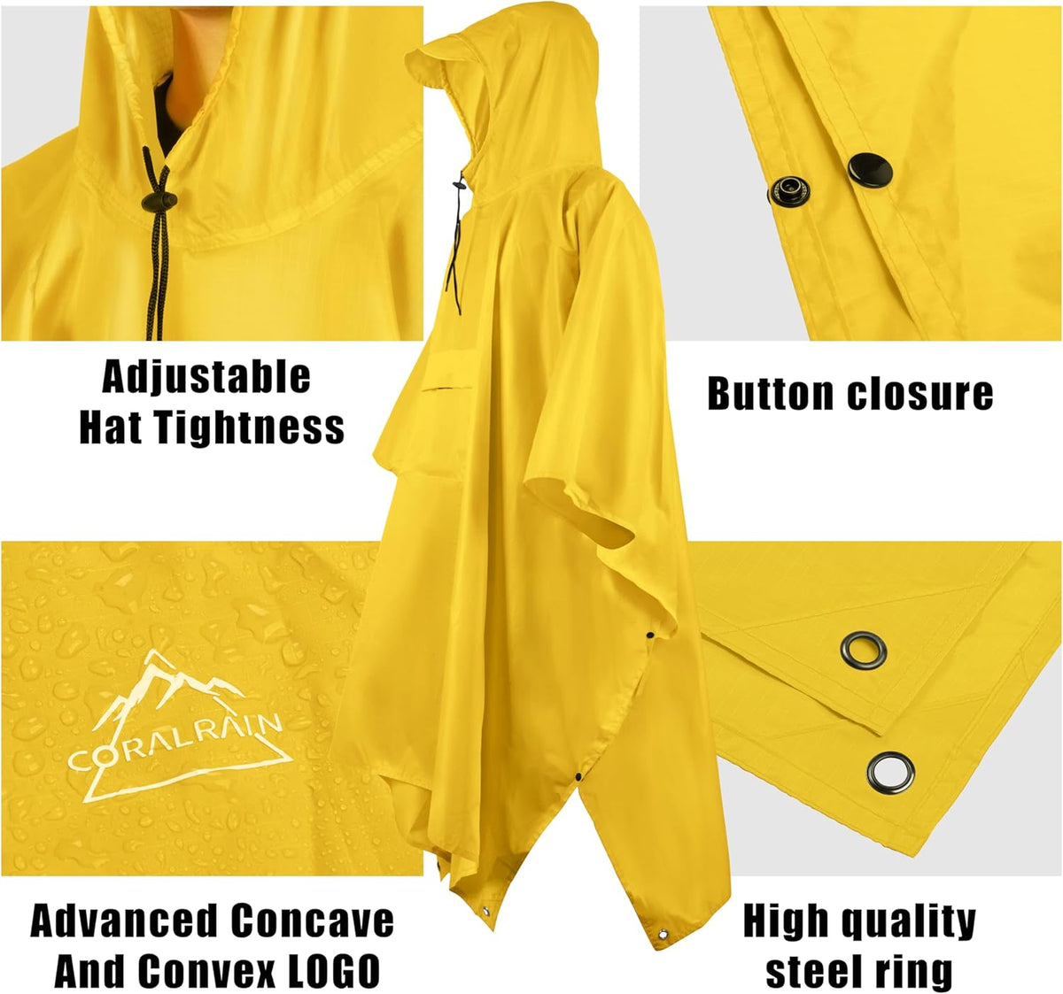 Coralrain Hooded Rain Poncho Lightweight Waterproof Unisex Raincoat Jacket with Pocket for Men Women Adult