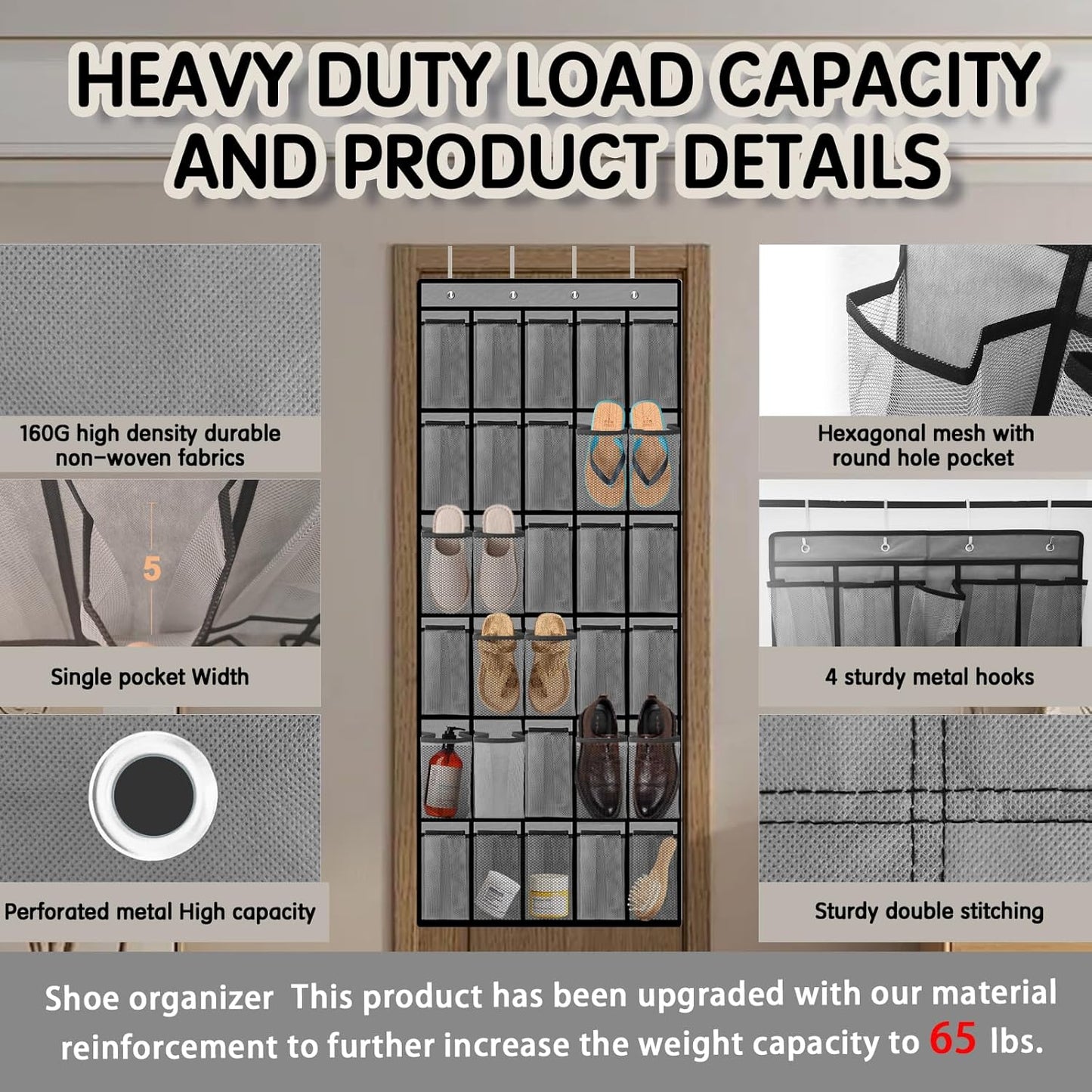 2PCS Over the Door Shoe Organizer with 30 Breathable Mesh Pockets - Large Capacity Closet Storage for Men & Women, Hanging Shoe Rack Organizer -Gray