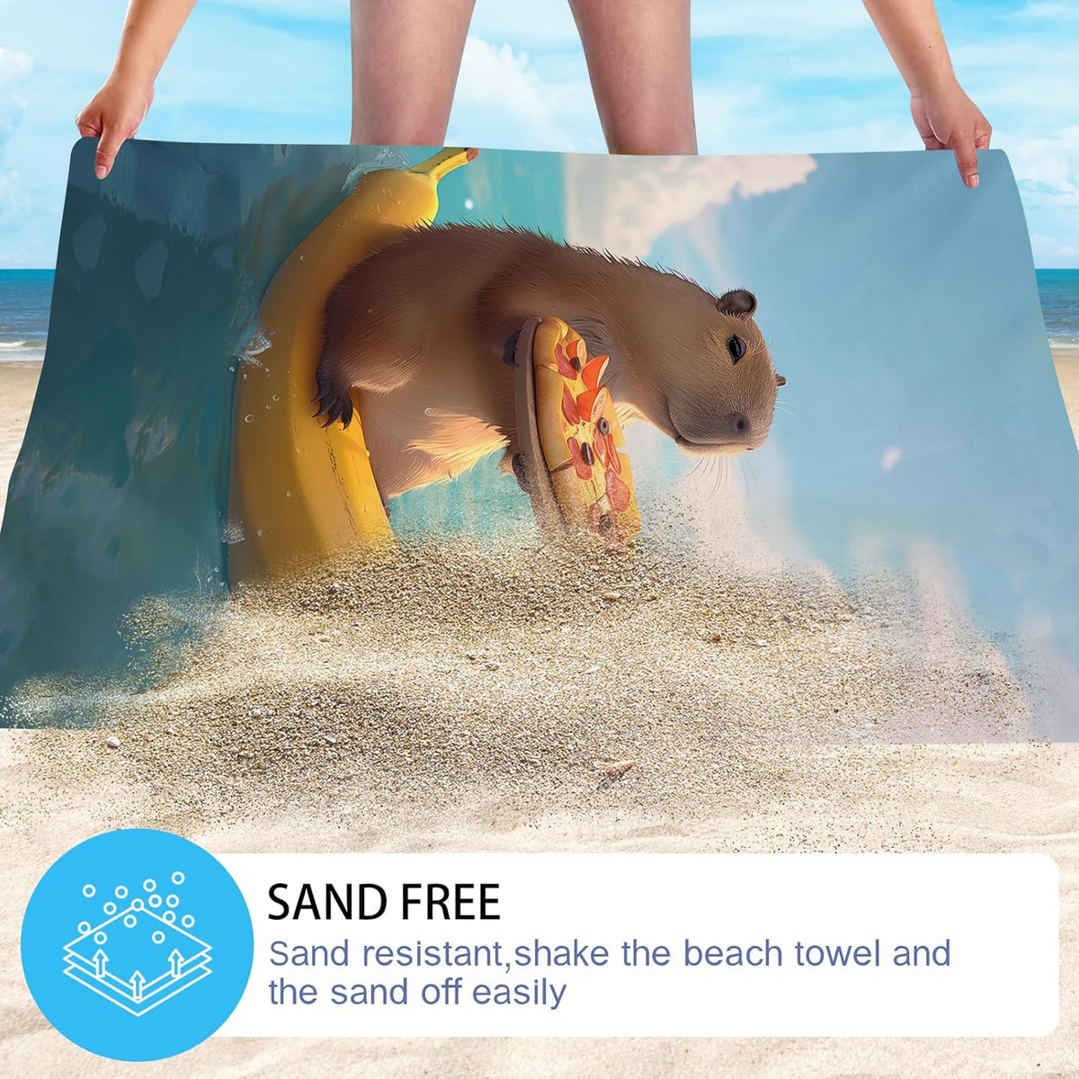 WZOMT Cute Capybara Beach Towel, Capybaras Gifts for Capybaras Lovers, Funny Capybara Eating Pizza On A Banana Boat Print Bath Towels, Soft Quick Dry Swim/Surf/Pool Towel Oversized 32x52 Inch