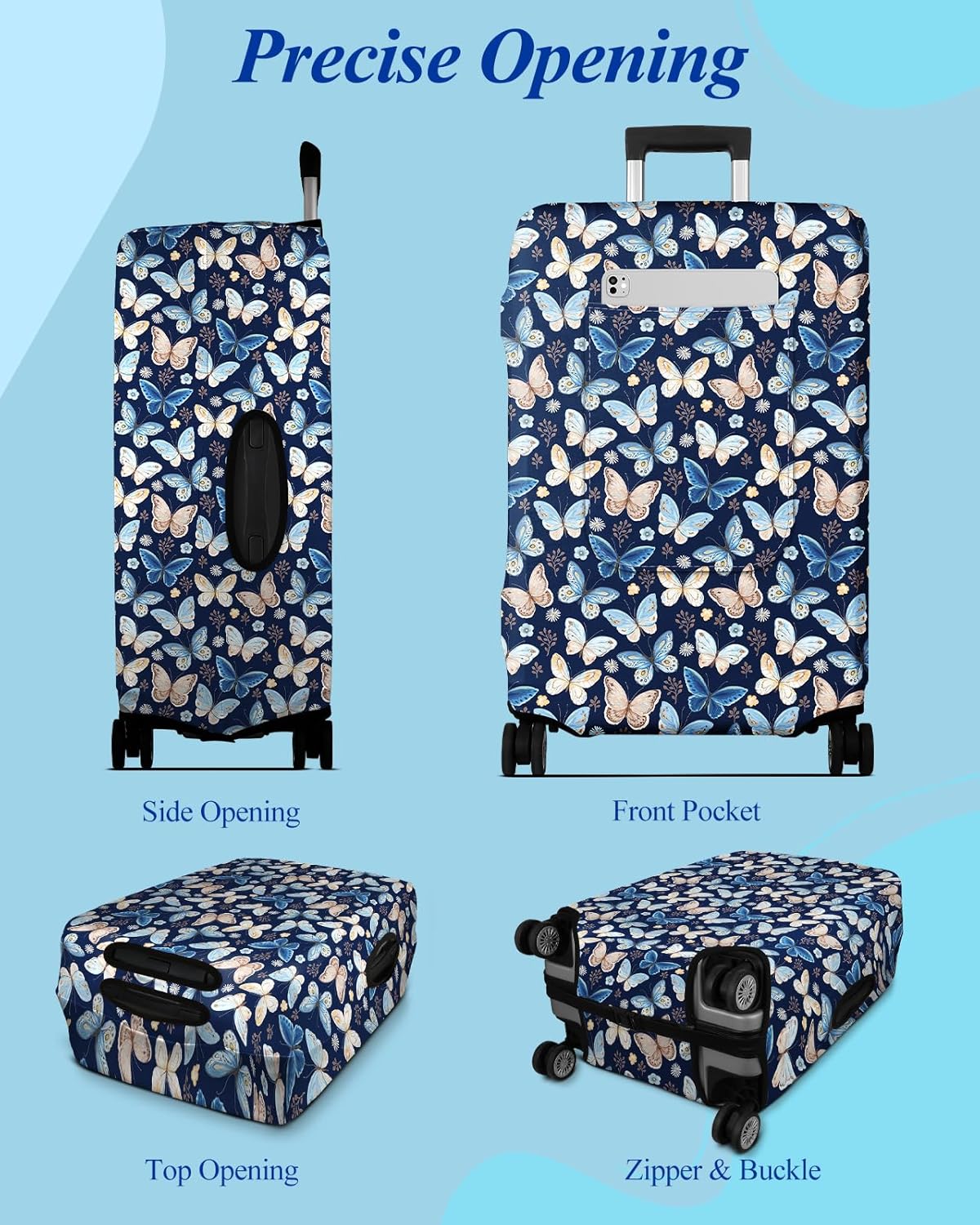 Slohif Luggage Cover for Suitcase Tsa Approved Protector - Luggage Sleeve Large Suit Case Cover Travel Stretch Baggage Case Protective Washable Fit 21-23 Inch Blue Butterfly S