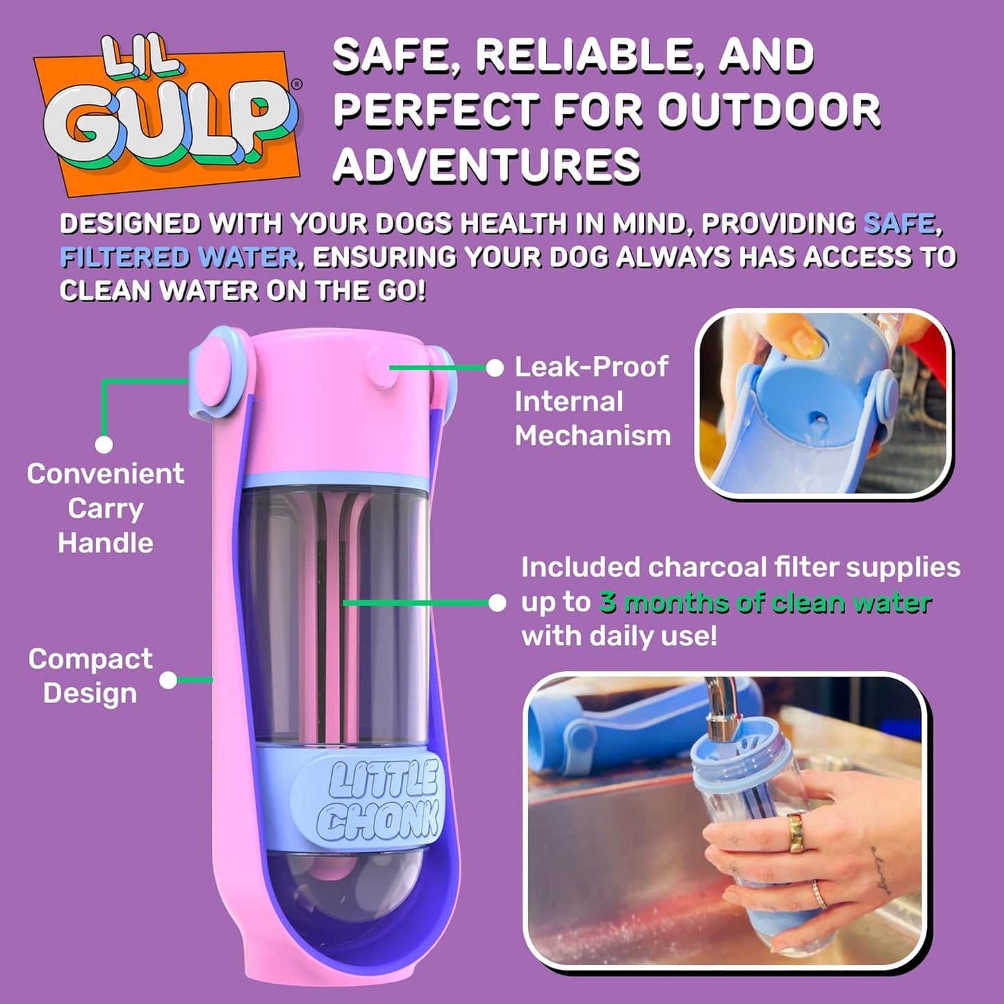 Lil Gulp Dog Water Bottle | Advanced Carbon Filtration for Safe Filtered Water on The Go | BPA-Free Leak-Proof Portable Dog Travel Water Bottle with Retractable Water Spout 15 Fl oz - Cotton Candy