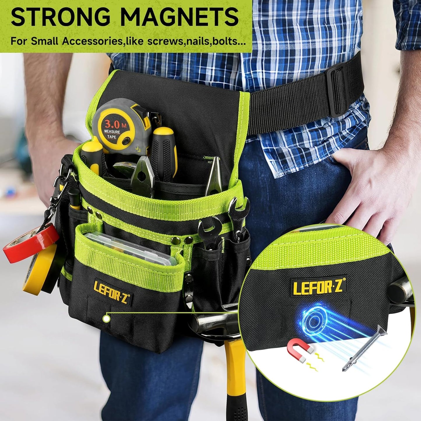 Tool Belt,Magnetic Tool Pouch,14-Pockets Tool Belts for Men,Detachable & Adjustable Tool Pouch belt for Electrician,Carpenter,Construction,Work Apron,Utility Belt,Black-Green