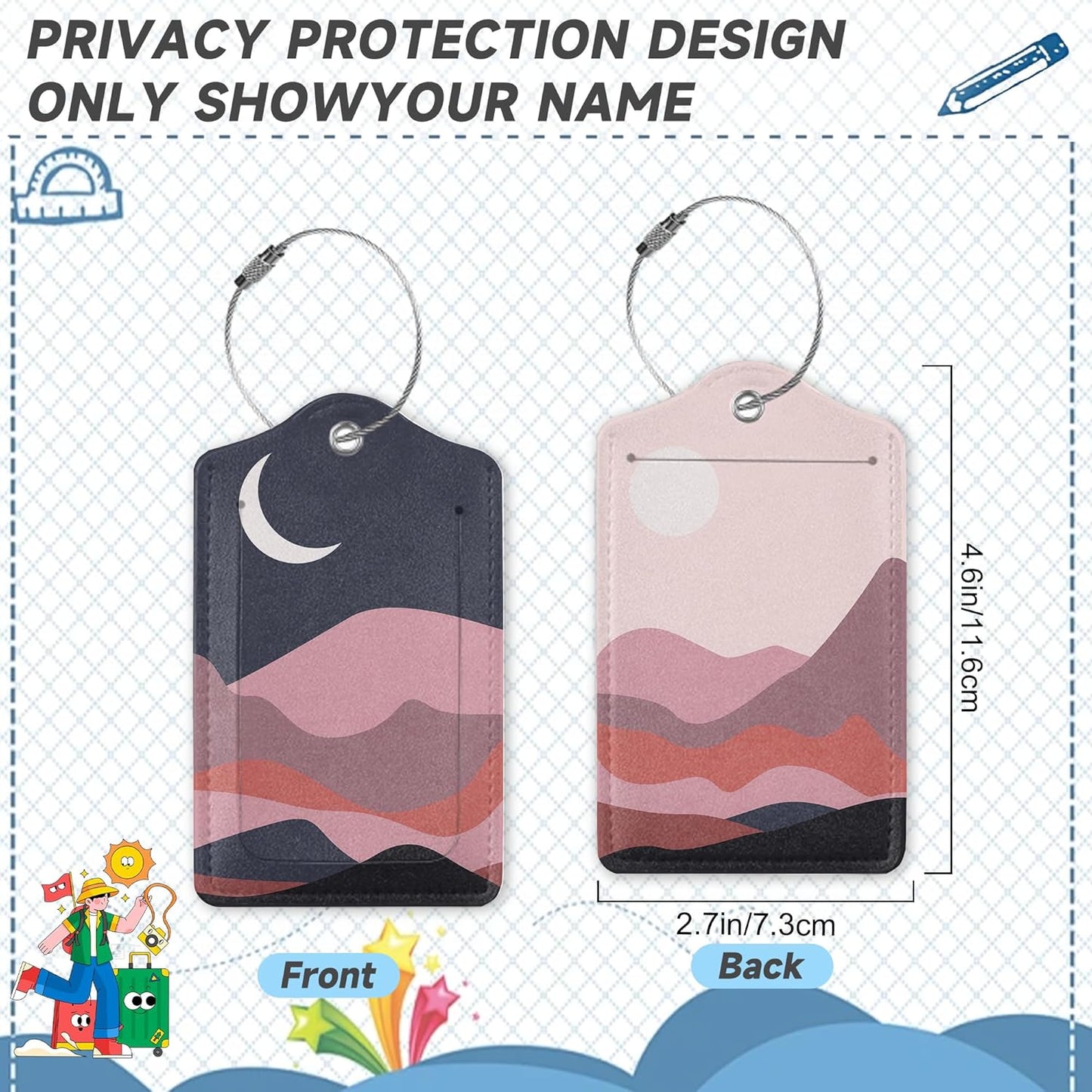 Boho Hills Luggage Tags for Suitcases,2 Pack Fields Moon Luggage Tag,Leather Stainless Steel Loop Label Tag for Women Men Girls Travel Bag Suitcase