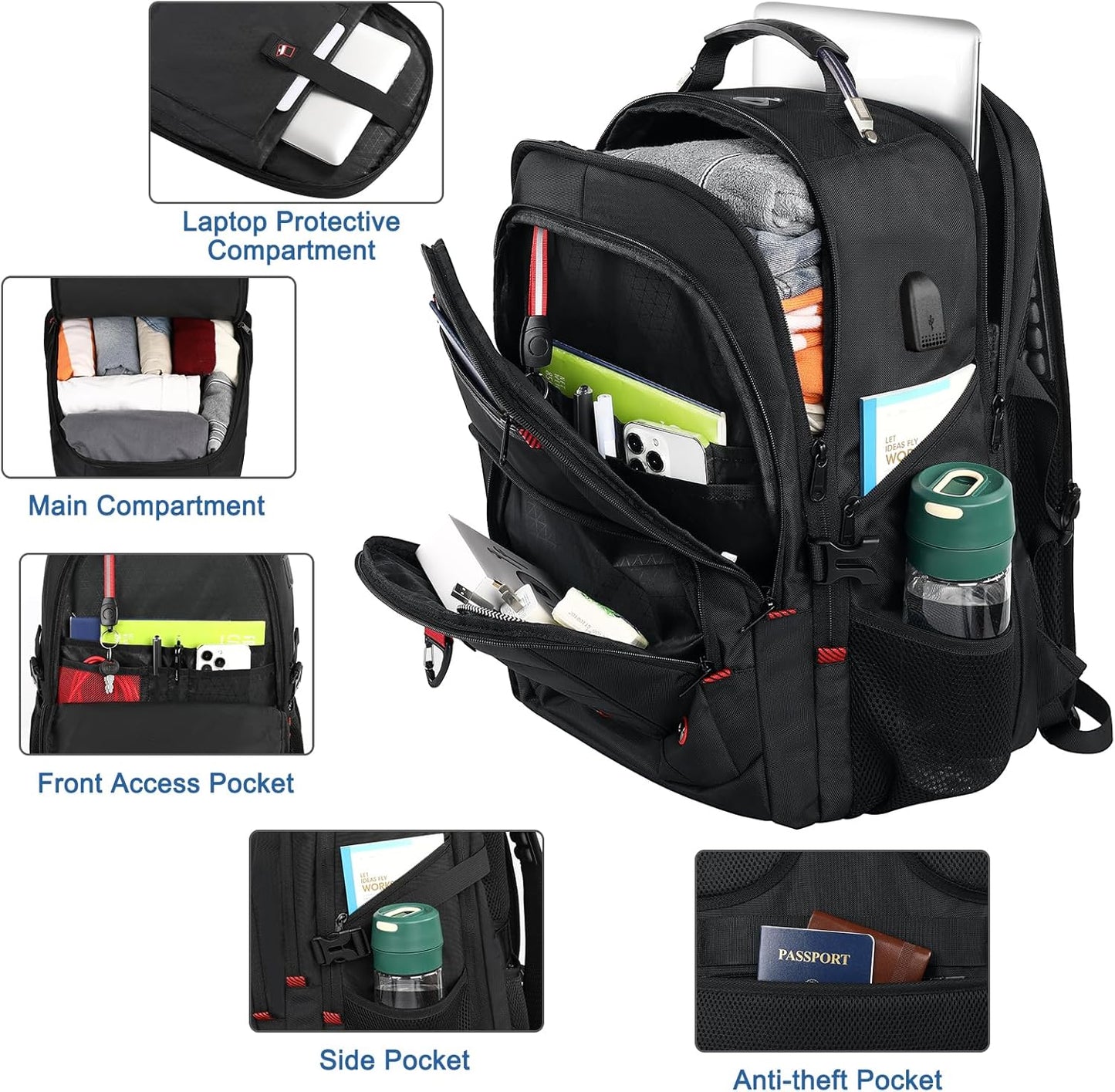 Z-MGKISS Extra Large Backpack for Men, Gaming Laptop Travel Bag Fits 18.4-19" Laptops, TSA Flight-Approved Backpack, Anti-Theft Gym College Business Work Mens Daypack, Black