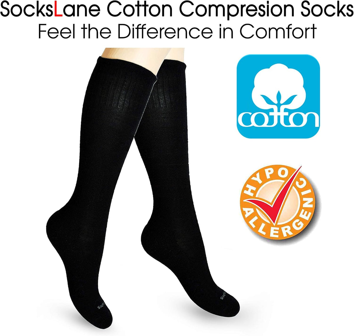 Cotton Compression Socks for Women & Men. 15-20 mmHg Support Knee-High Navy Blue X/L