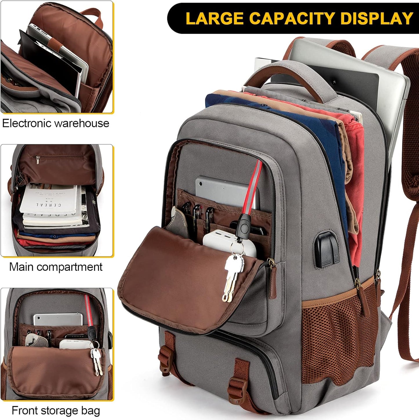 Tzowla Canvas Laptop Backpack, Bag for Men Women,Travel Work Rucksack Fits 17.3 Inch Laptop, Bookbag with USB Charging Port