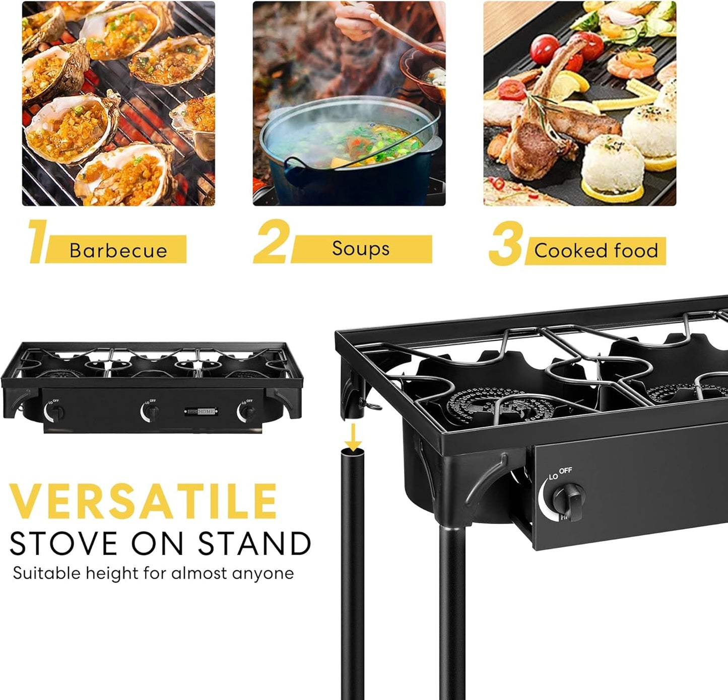 VIVOHOME 225,000 BTU Outdoor 3-Burner Propane Gas Stove, Heavy-Duty Camping Cooker with Detachable Legs Stand, Ideal for Backyard, Camping, and Outdoor Cooking