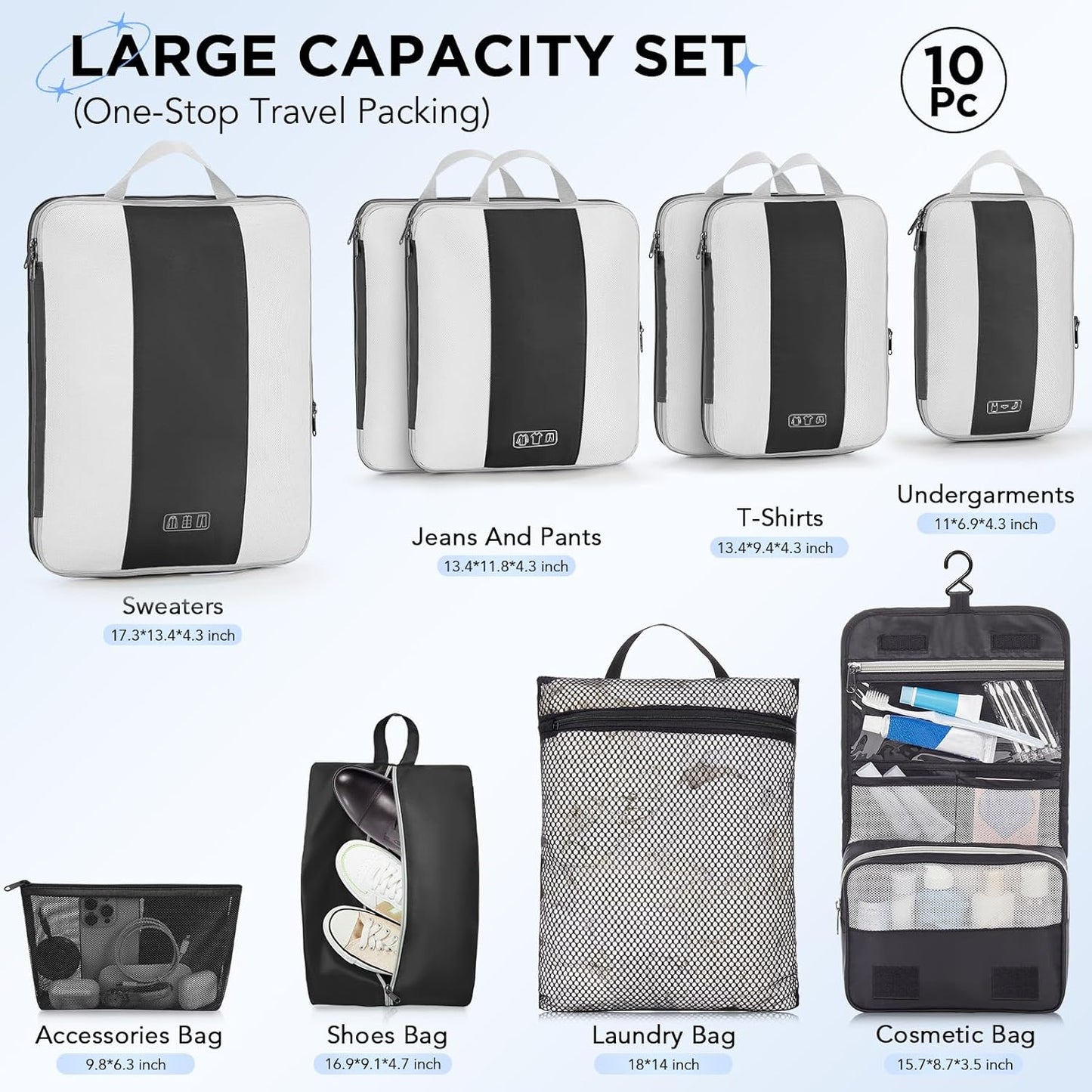 10 Set Compression Packing Cubes for Travel Essentials,Compressible Expandable Packing Cubes for Suitcase,OlarHike Luggage Organizer Bags for Travel,Handy Helper for Organizing Clothes(Black)