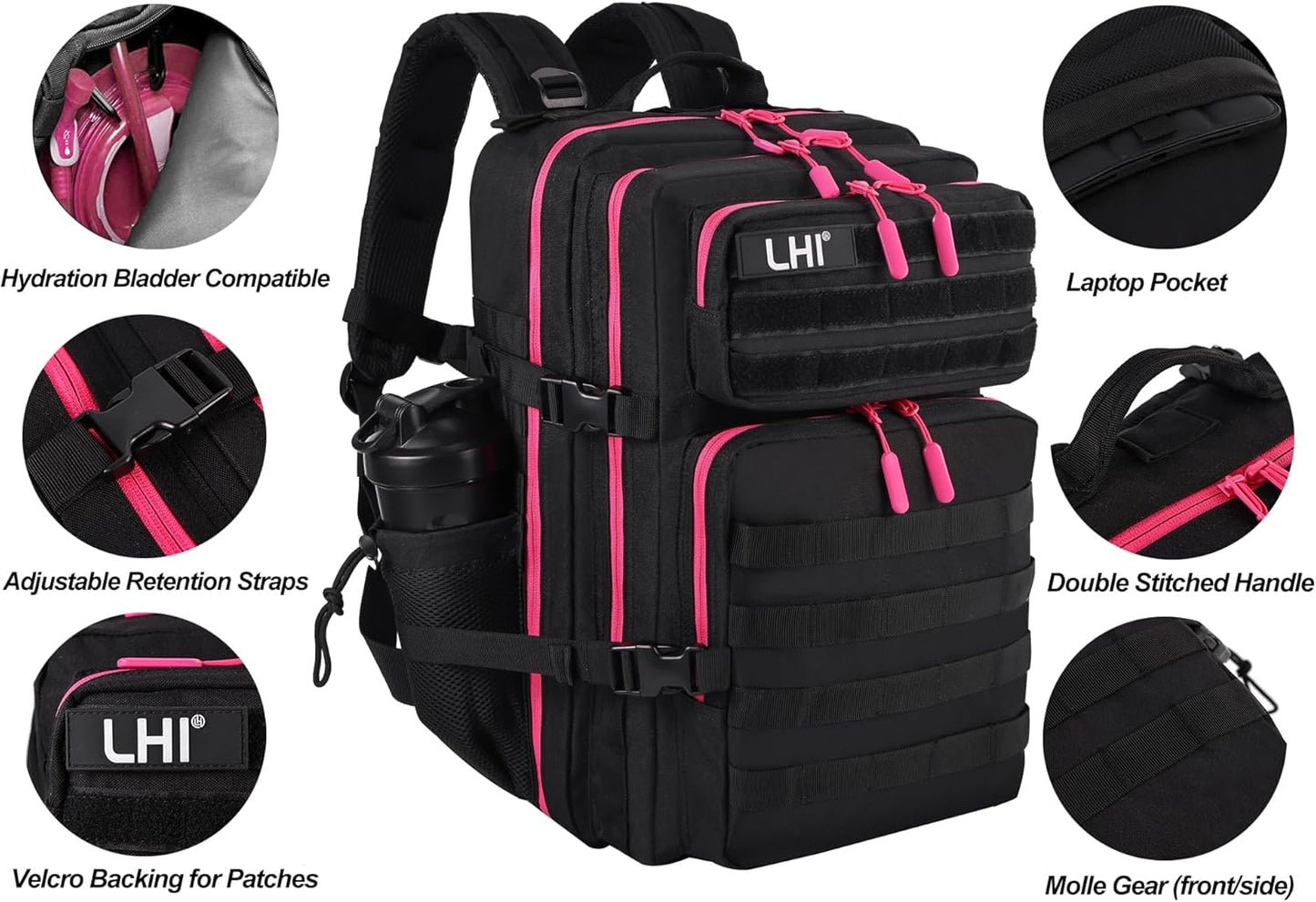 LHI Military Tactical Backpack for Men and Women 45L Army 3 Days Assault Pack Bag Large Rucksack with Molle System - Black with red zipper