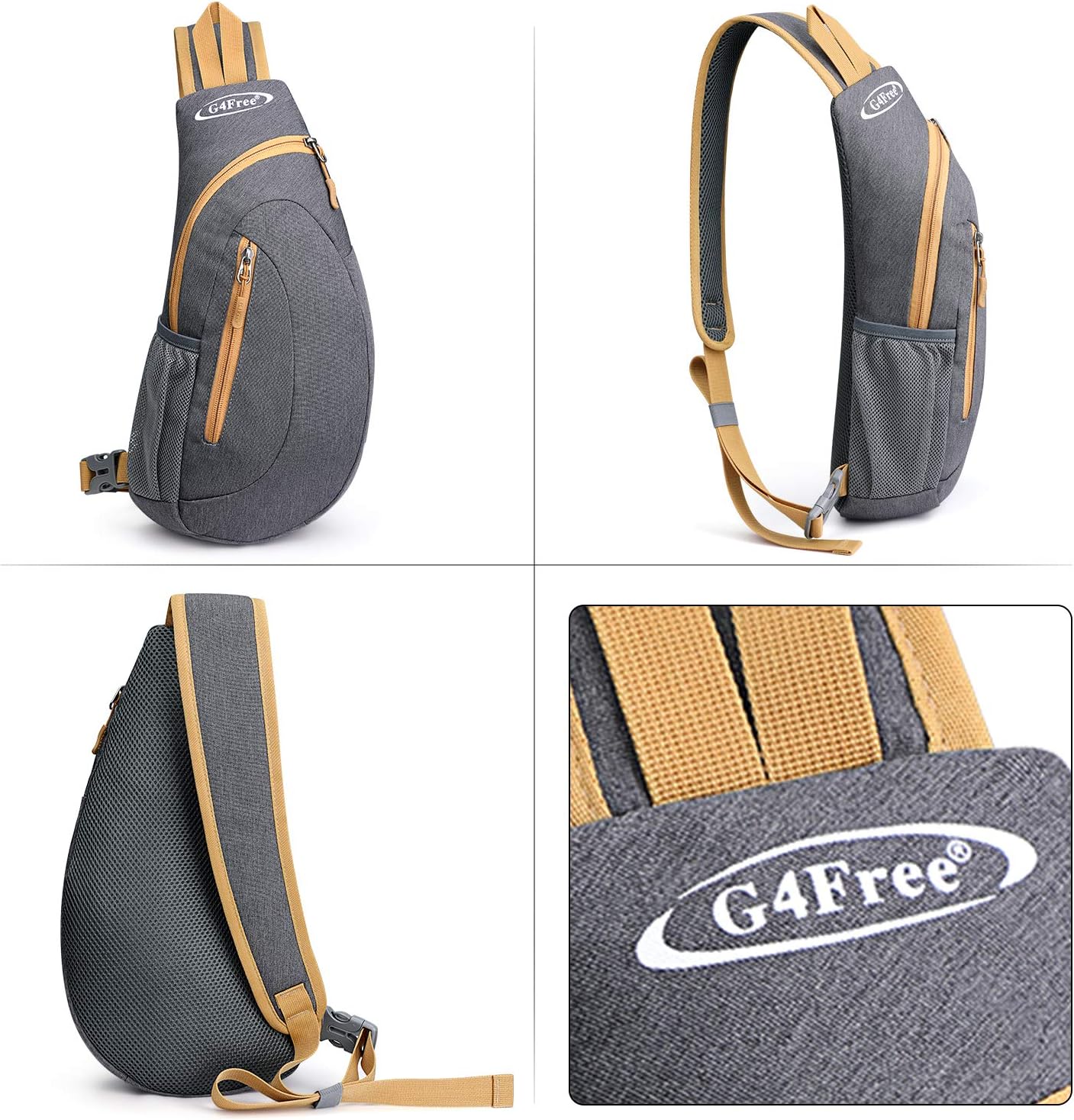 G4Free Sling Bag for Men Women, Small Crossbody Backpack Lightweight Chest Shoulder Bags for Travel, Outdoor and Sports (Grey Yellow)