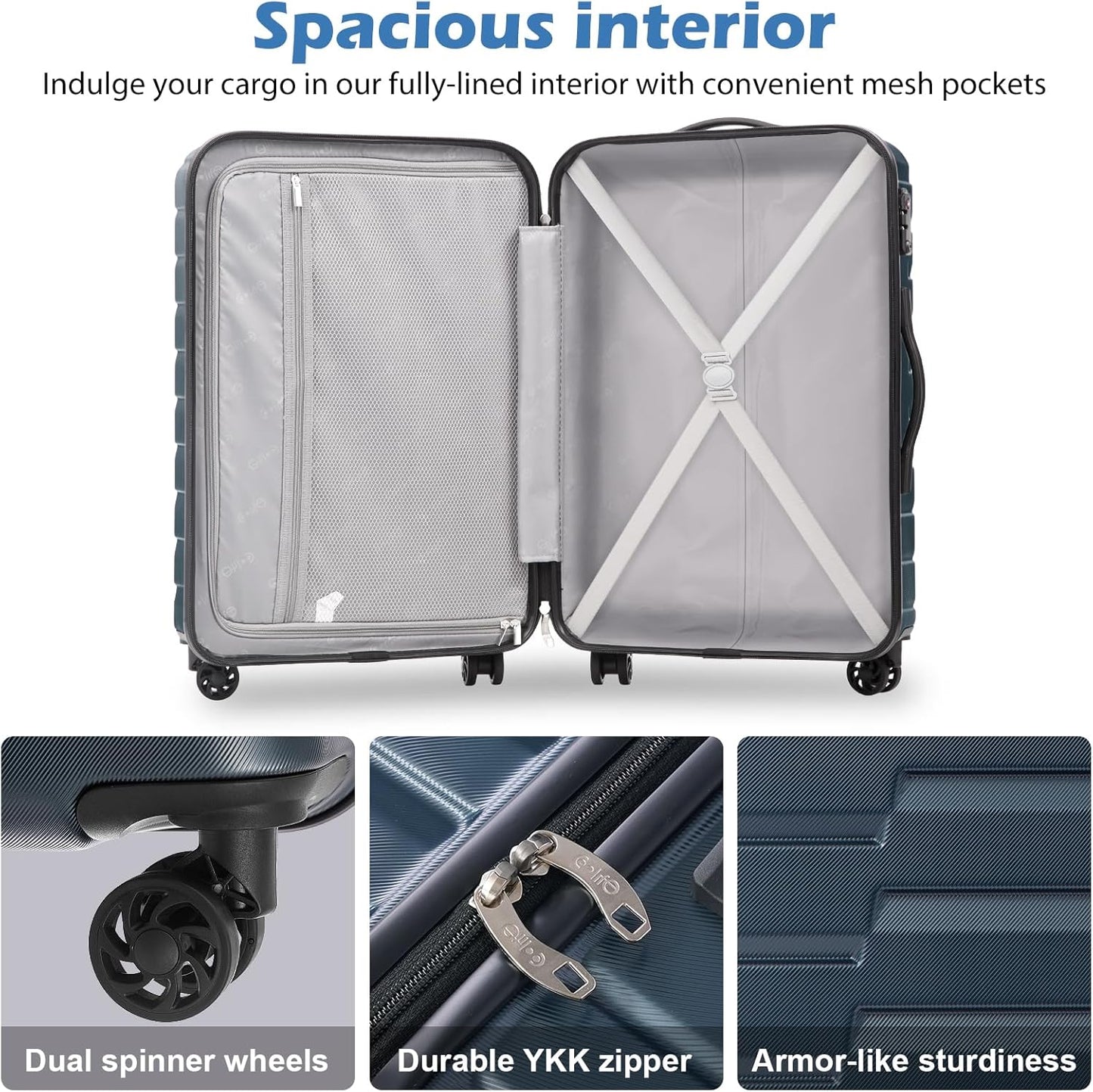 Coolife Expandable Suitcase Luggage set PC ABS TSA Lock Spinner Carry on 3 Piece Sets (blue)