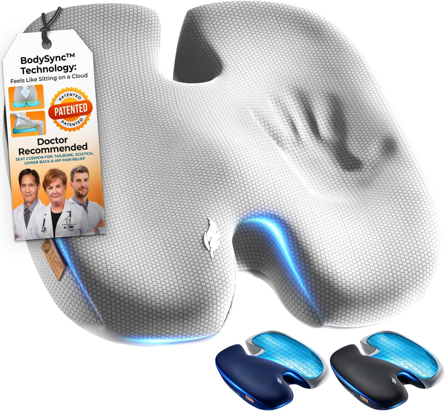 Seat Cushion, BodySync™ Technology with Non-Slip Gel & Memory Foam for Tailbone, Sciatica & Back Pain Relief, Office Chair Cushion, Car Seat Cushions for Driving (Light Grey)