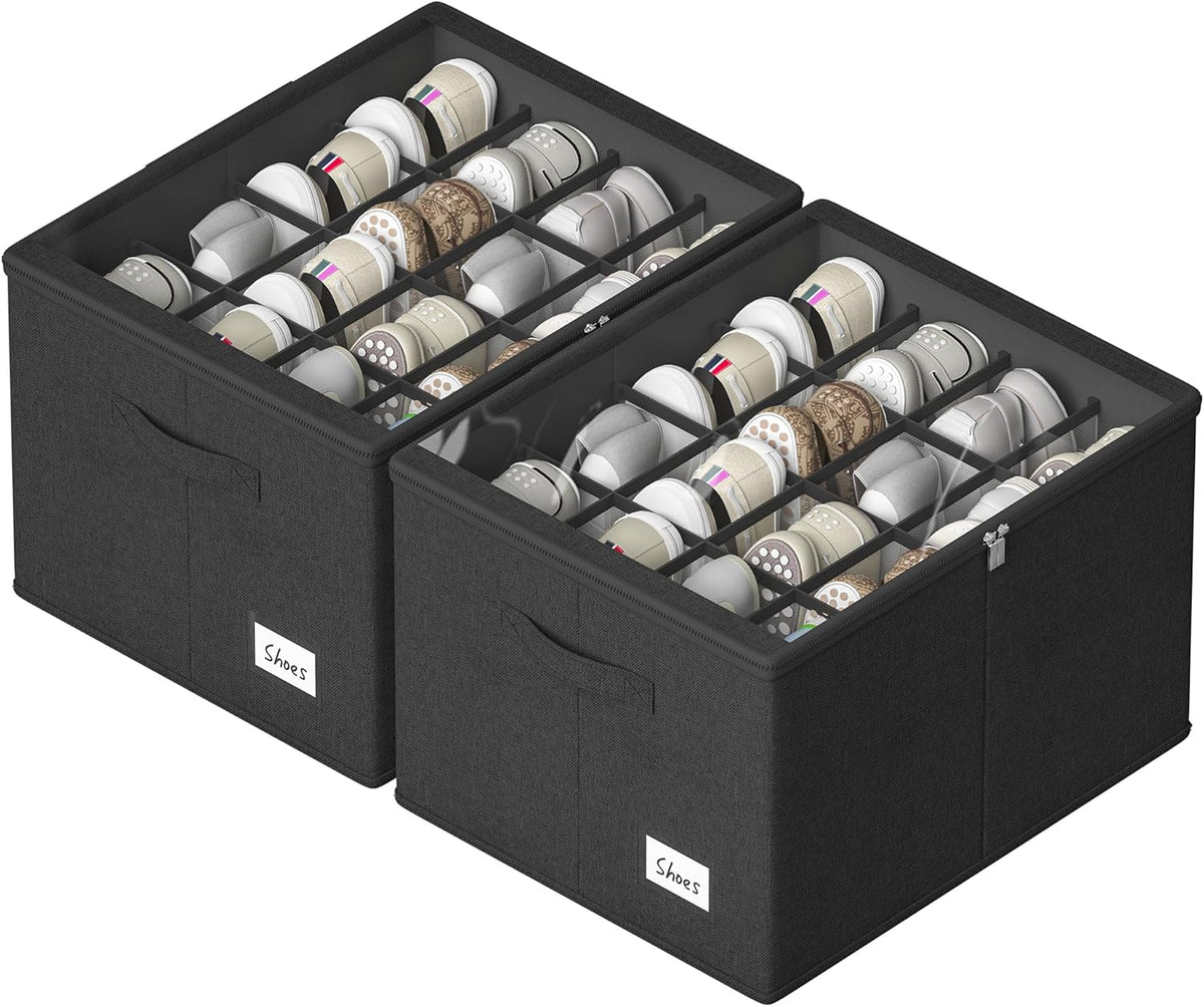Shoe Organizer for Closet, 2 Pack Sturdy Shoe Storage Bins with Clear Cover, Fits 16-32 Pairs, Foldable Shoe Storage Box with Reinforced Handles (Black, 19.7 * 15.7 * 12.6in)