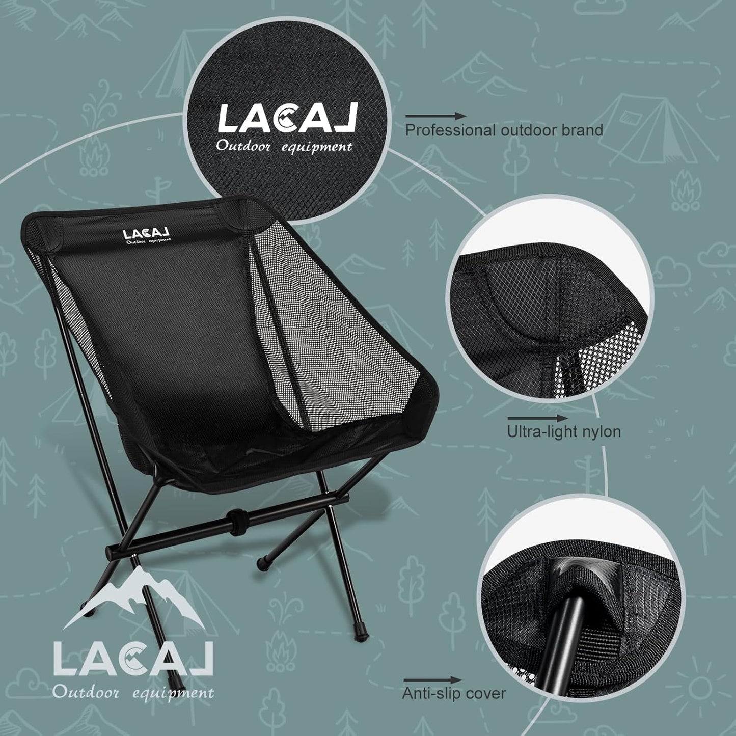Ultra-Light Folding Camping Chair, All-Aluminum Frame, Surper Breathable Fabric, Easy to Carry, Compact Storage Size (2, Black)