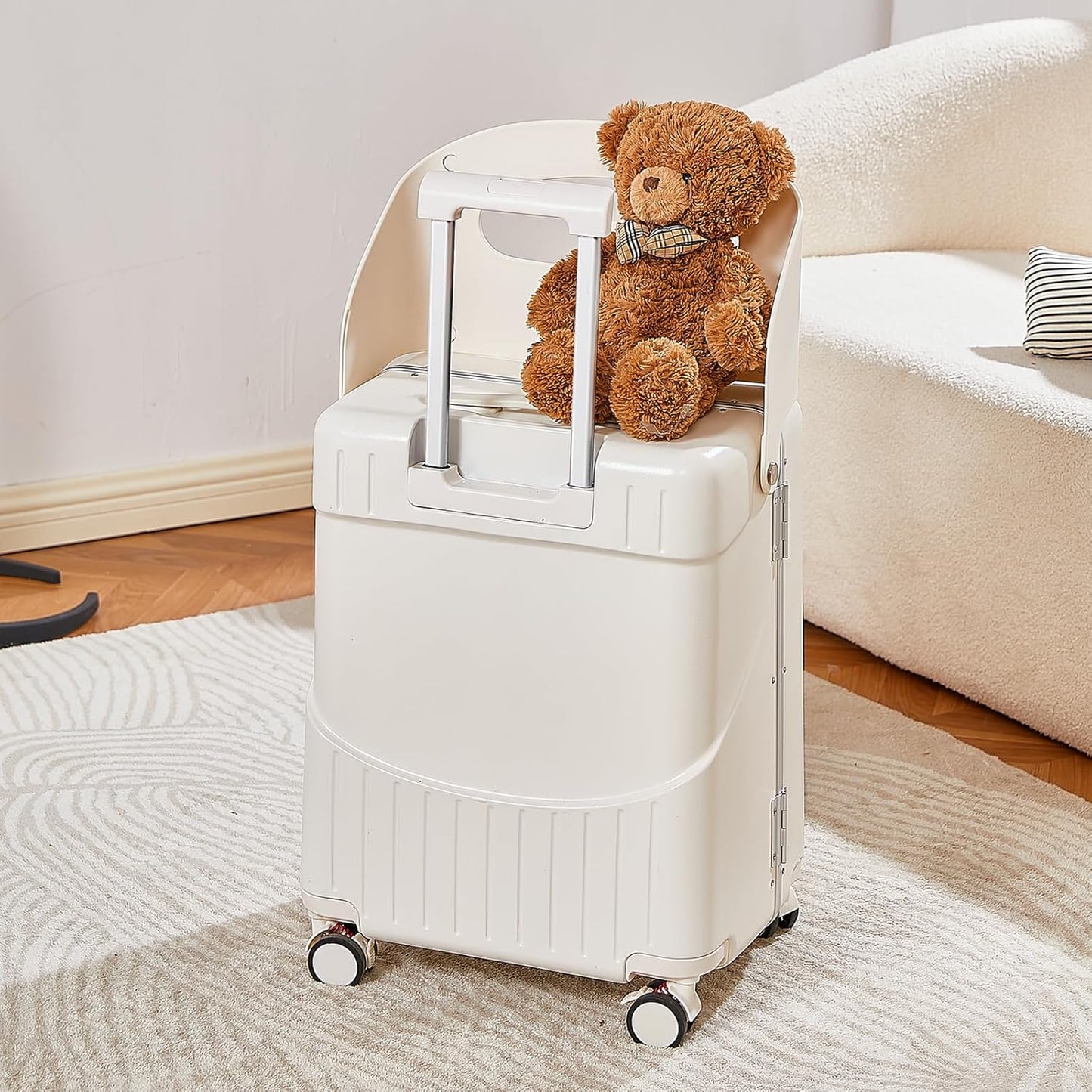 22 Inch TSA Lock Luggage with Seat for Adults and Kids,Check in Lockable Spinner Wheels Suitcase with Belt and Cover (TSA Luggage with Child Seat White)