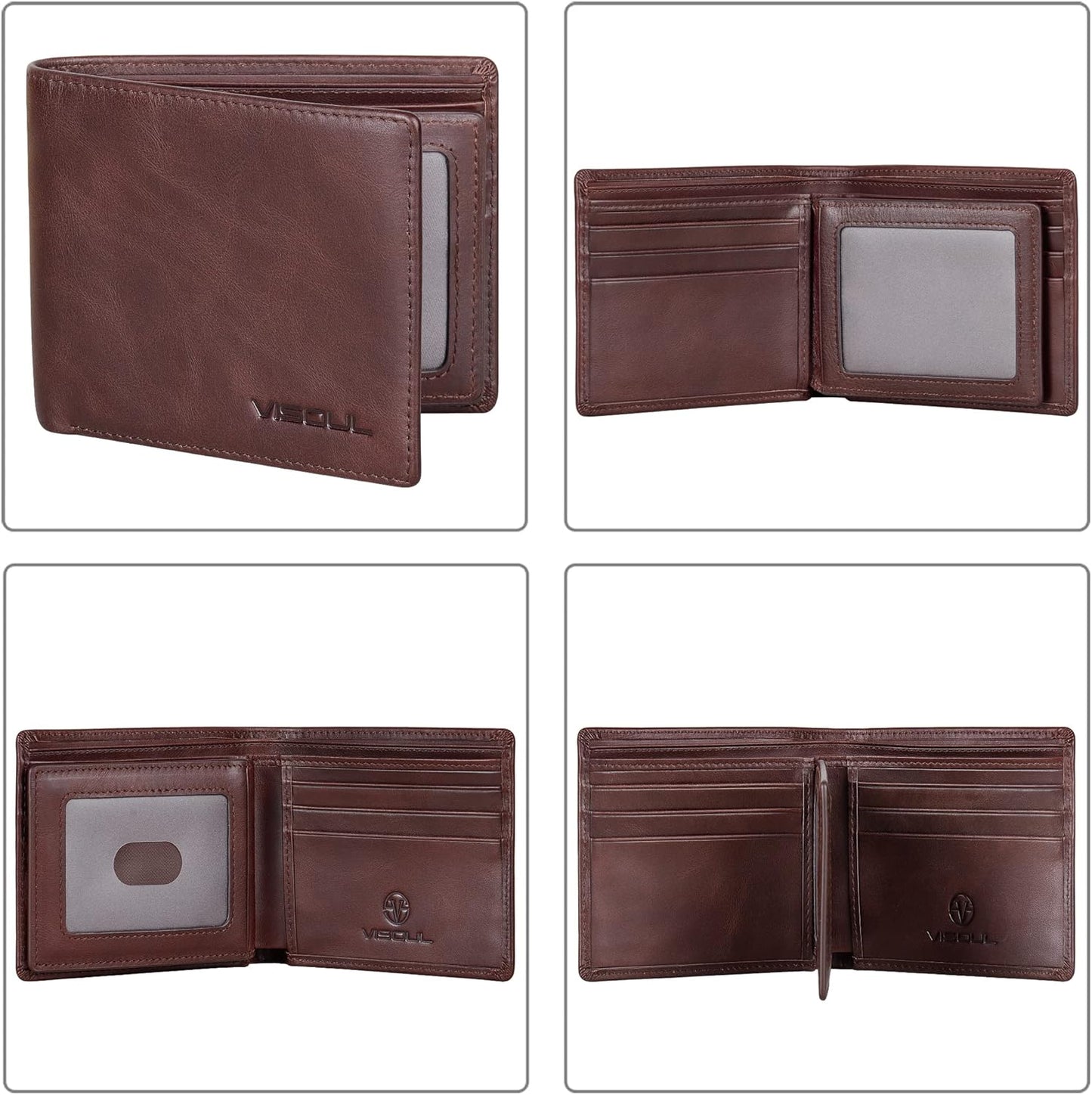 VISOUL Mens Bifold Leather RFID Blocking Wallet with 2 ID Windows, Soft Genuine Leather Card Holder Wallet with 2 Cash Compartments for Men (Coffee)