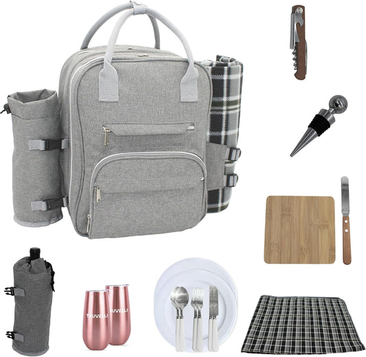 Truvelli Picnic Backpack for 2 with Blanket – 12-in-1 Insulated Picnic Basket Backpack Set with‬ Wine Holder, Cutlery & Cheese Board – Luxury Picnic Back Pack for Couples, Outdoor‬ Adventures, Gray