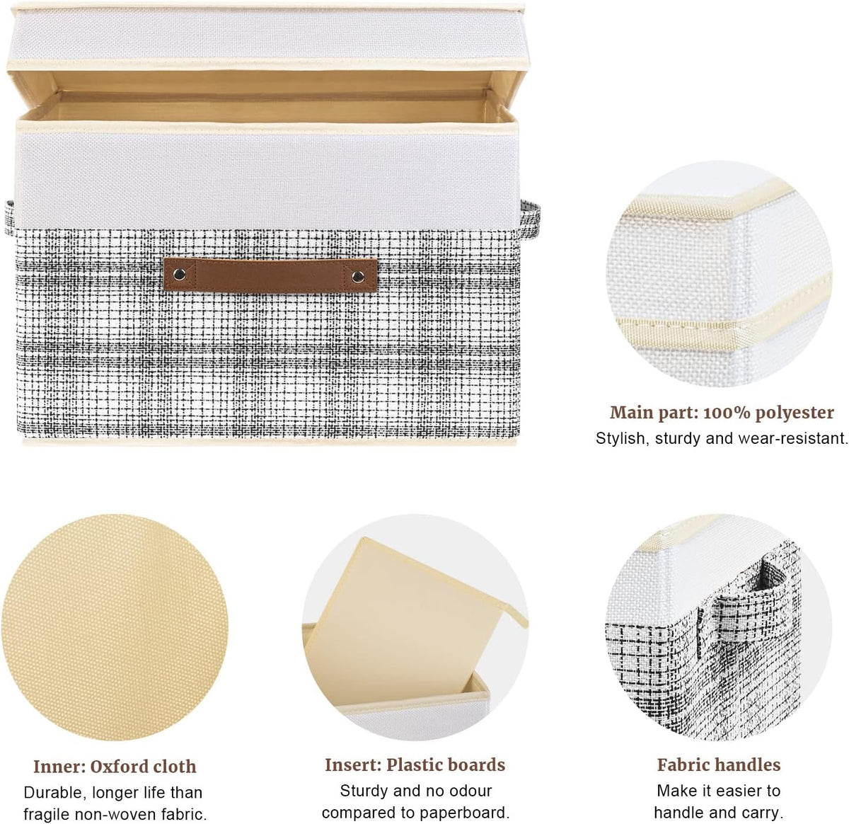 TYEERS Collapsible Storage Bins with Lids, Patchwork Design, Washable, Fabric Storage Boxes, 14.9x9.8x9.8 inches, 5 Pack, Gray