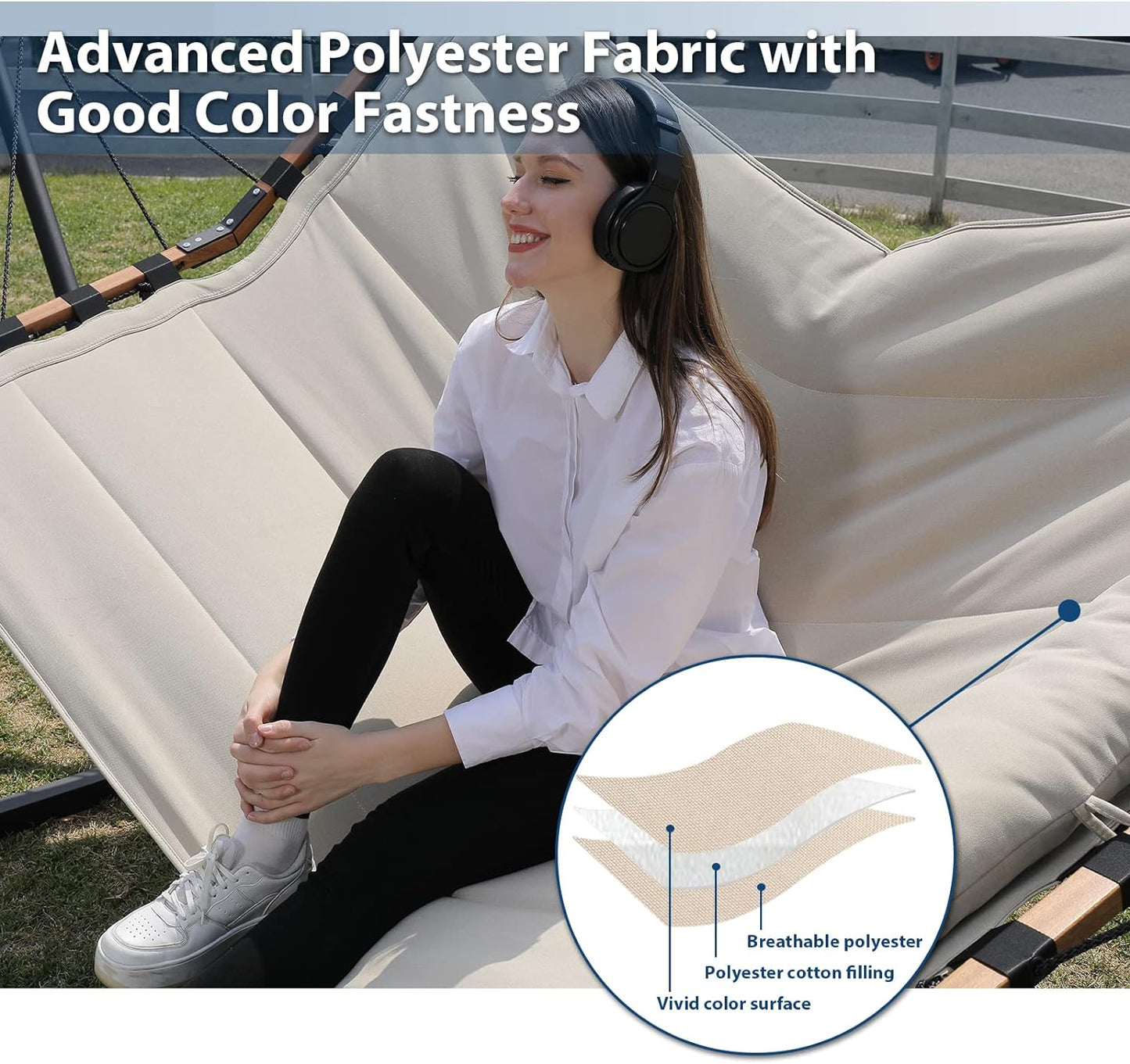 TegerDeger 12FT 2 Person Hammock Large Hammock 450LB Capacity with V Shaped Hardwood Spreader Bar & Nylon Rope for Outside, Patio, Garden, Backyard, Beach, Poolside - Beige