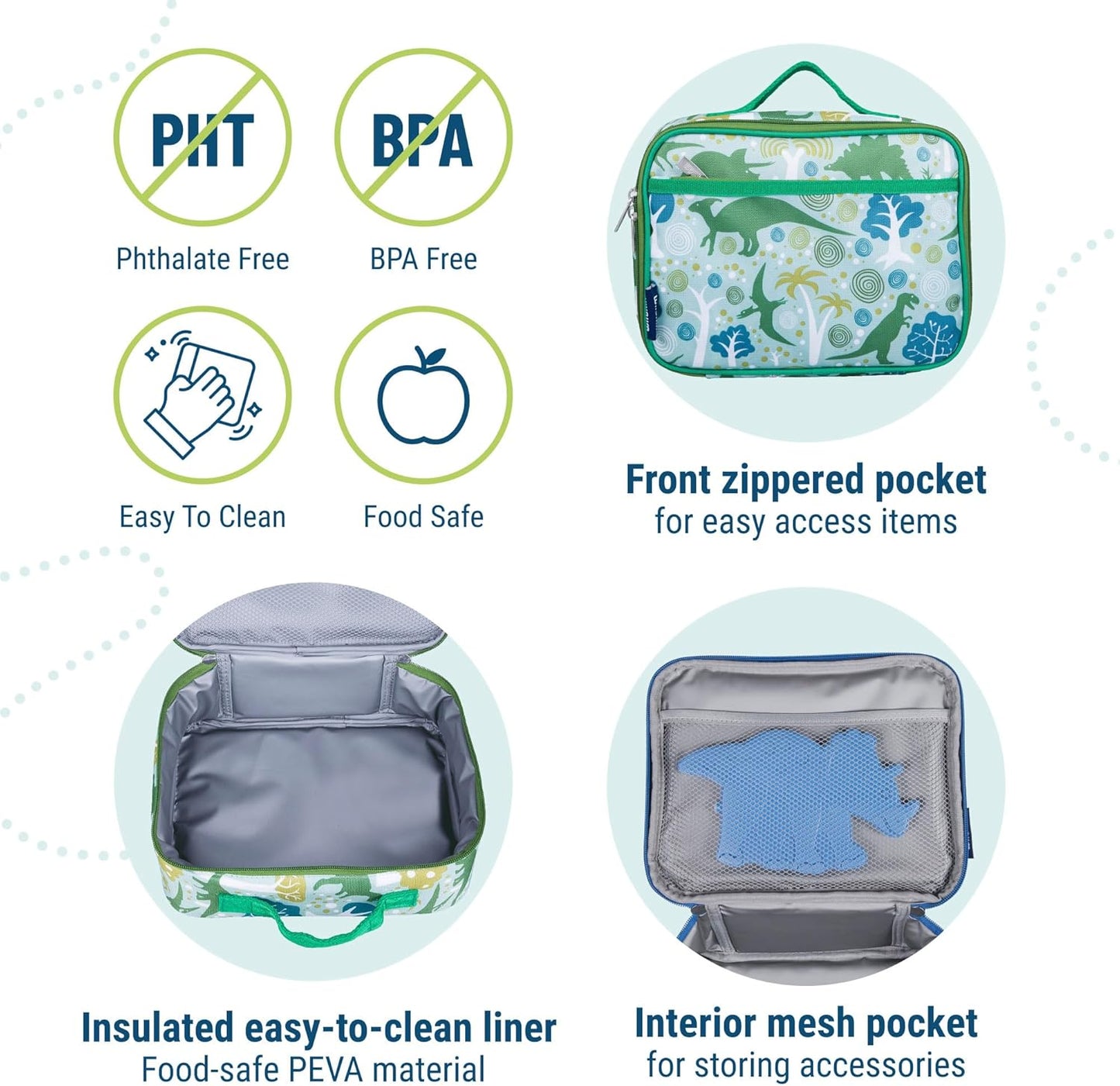 Wildkin Kids Insulated Lunch Box – Durable and Reusable for School & Travel - Dinomite Dinosaur