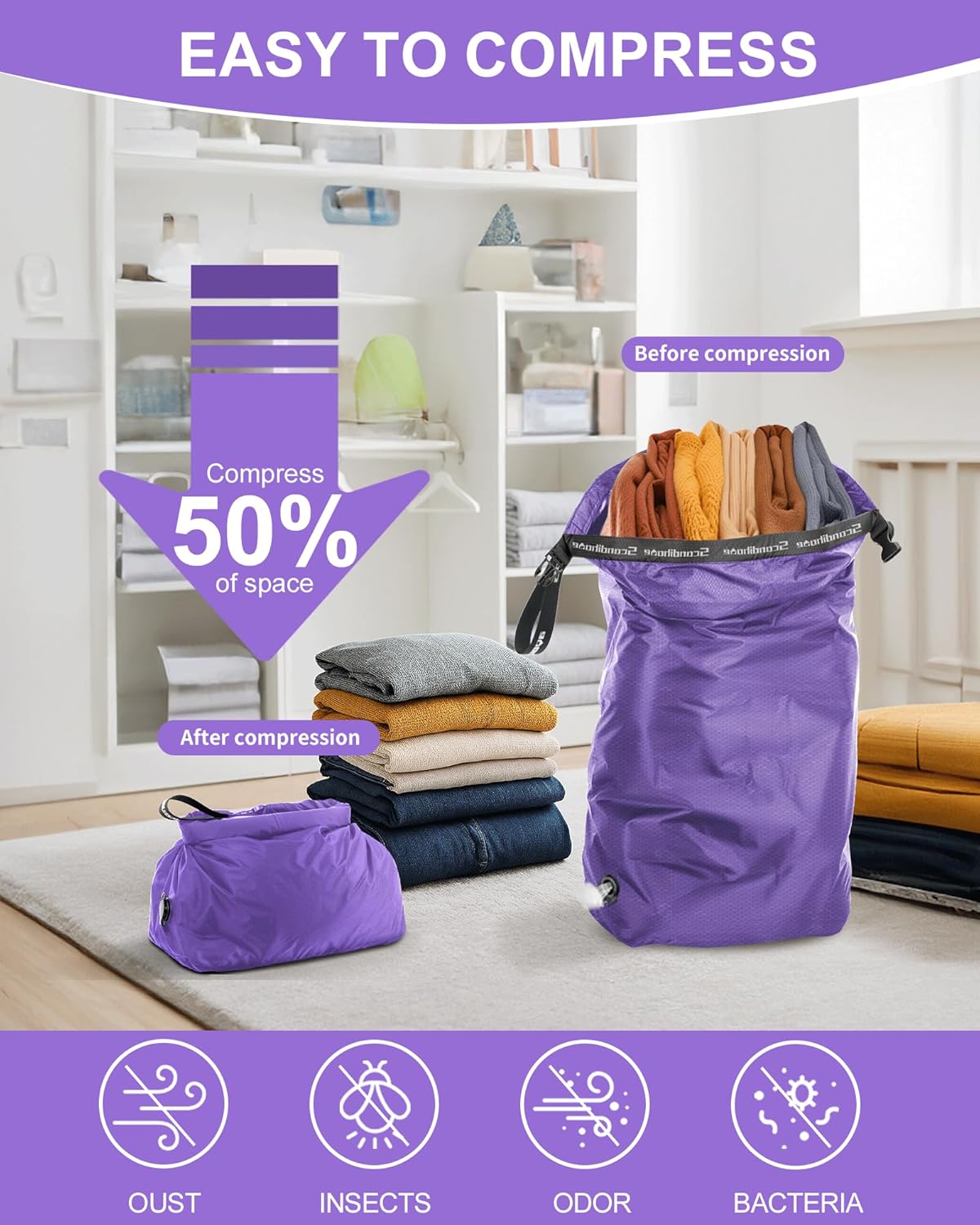 Travel Laundry Bag, Pump Free Vacuum Storage Bag Reusable Compression Dirty Clothes Travel Bag Waterproof Wet Dry Bags Large Capacity Space Saver Bags Camp Clothes Organizer (1 Pcs)(Purple, L)