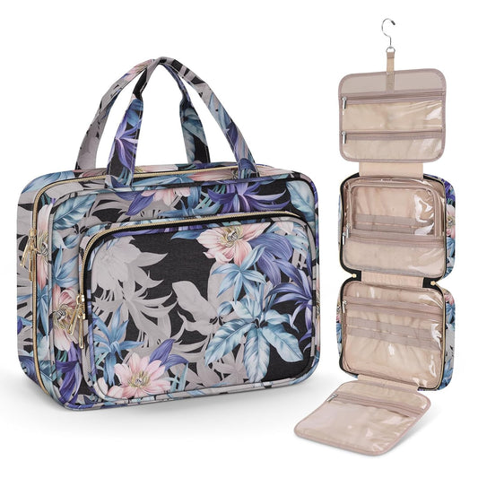 Wedama Toiletry Bag for Women, Large Cosmetic Travel Bag, Hanging Toiletry Bag for Bathroom, PVC Waterproof Makeup Bag, Toiletries Bag for Travel Business Trips and Camping, Black+Brown Floral