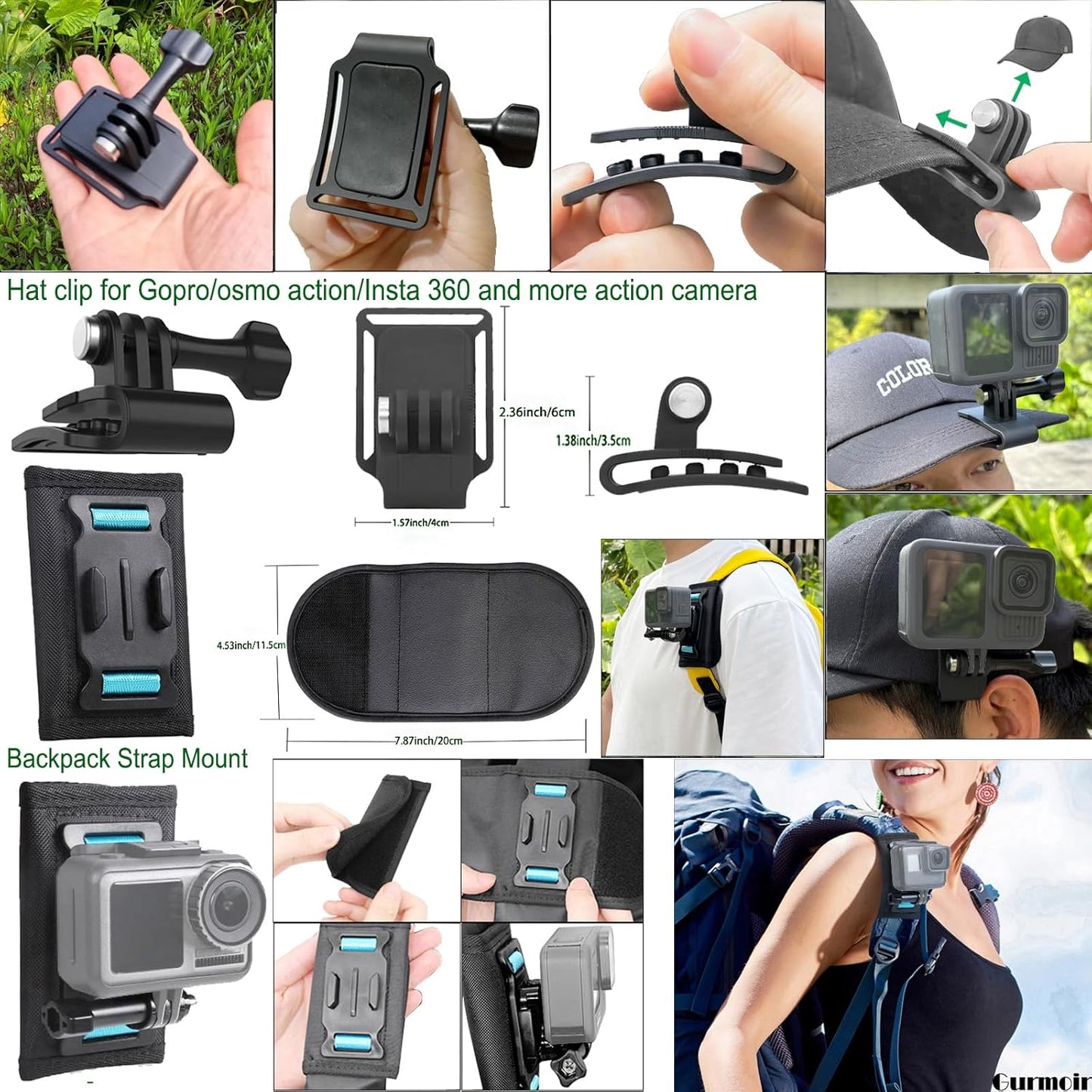 Gurmoir Accessory Kit for Osmo Action 5 pro 4/Insta 360 X5 X4 X3/Go Pro Hero13 12/Gopro Max 2/, Bike Mount/Hat Clip/Helmet Strap/Backpack Mount kit for Gopro/Osmo Action/Insta 360(DT18)