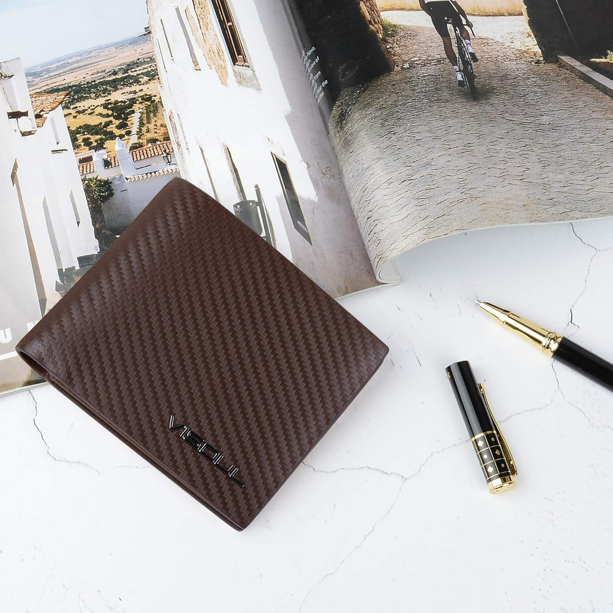 VISOUL Mens Carbon Fiber Leather Bifold Wallet with 2 ID Windows, RFID Blocking Stylish Wallet for Men with 2 Cash Compartments (Brown+Brown)
