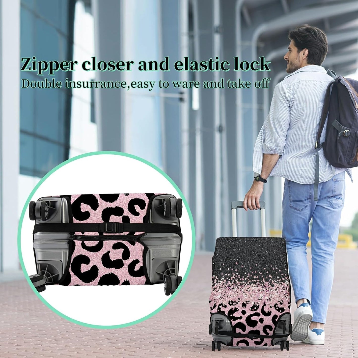 Luggage Cover + Tag, Pink Leopards Travel Suitcase Cover for 18-20 inch Luggage (S) with Concealed Zipper, Washable Elastic Cloth, Dustproof, Anti-Scratch