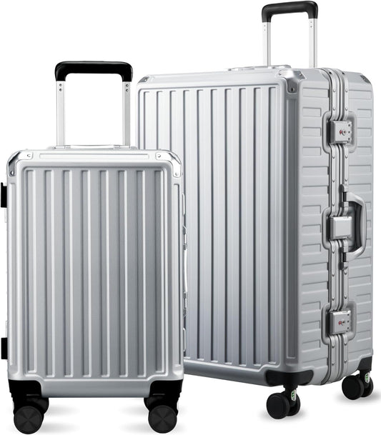 LUGGEX Luggage Sets with Spinner Wheels, 2 Piece (20/28) Aluminum Frame Zipperless Polycarbonate Hard Shell Suitcase Sets, Silver Grey