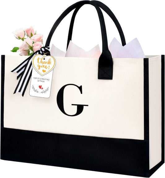 BAGAIL Initial Tote Bag, Personalized Birthday Gifts for Women, Teacher, Friends, Mom, Wedding, Monogrammed Beach Bag