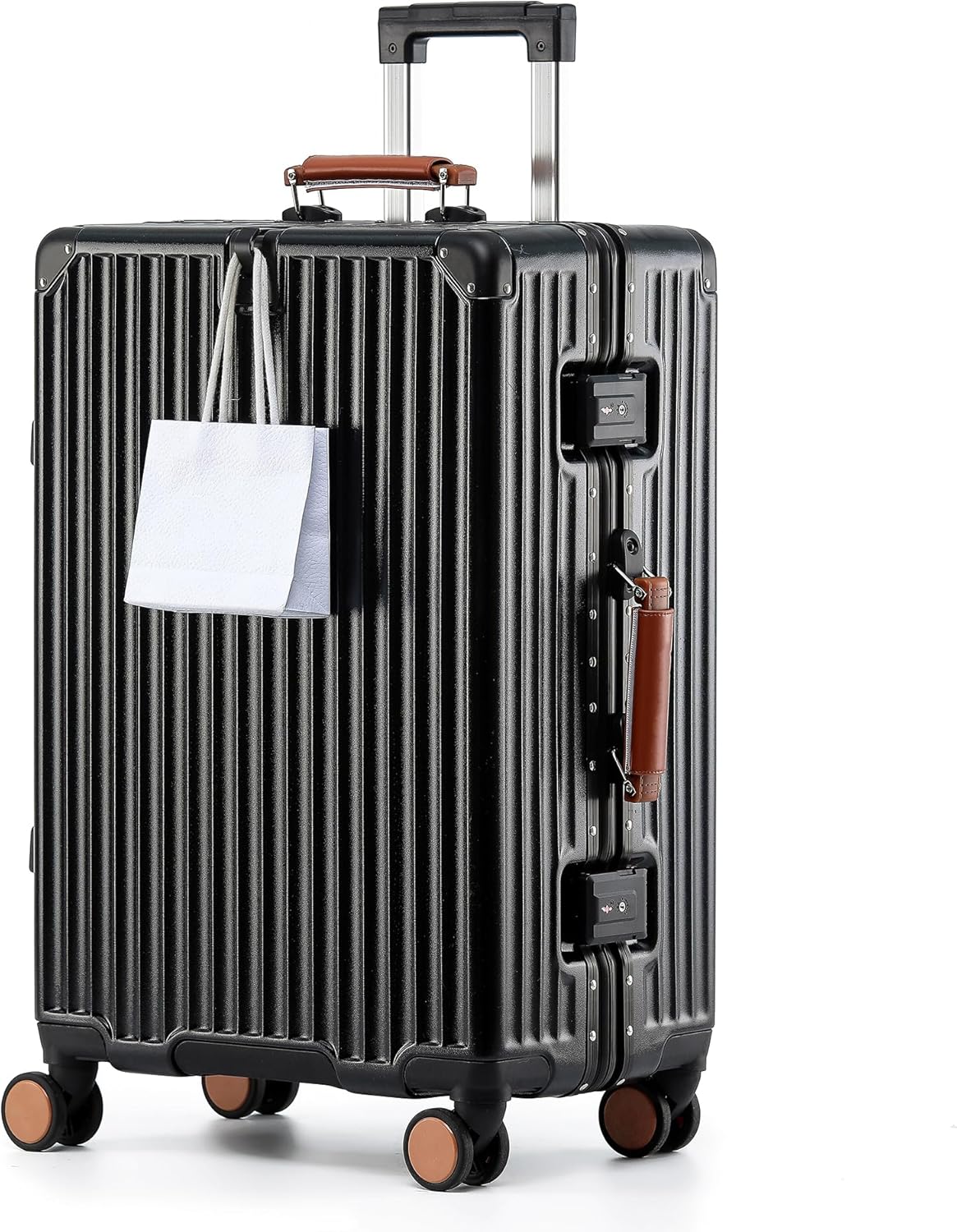 HotWay 24 Inch Hardside Checked Luggage with Leather Handle, PC Zipperless Suitcase with Spinner Wheels and TSA Locks, Lightweight Checked Luggage for Travel, Black