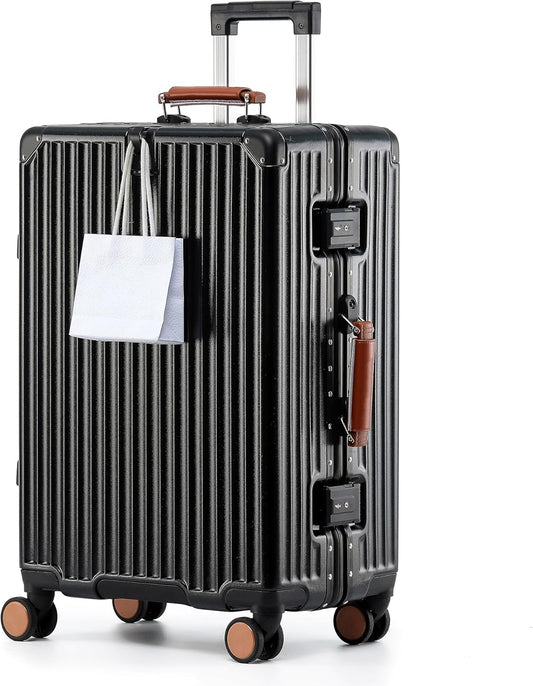 HotWay 24 Inch Hardside Checked Luggage with Leather Handle, PC Zipperless Suitcase with Spinner Wheels and TSA Locks, Lightweight Checked Luggage for Travel, Black
