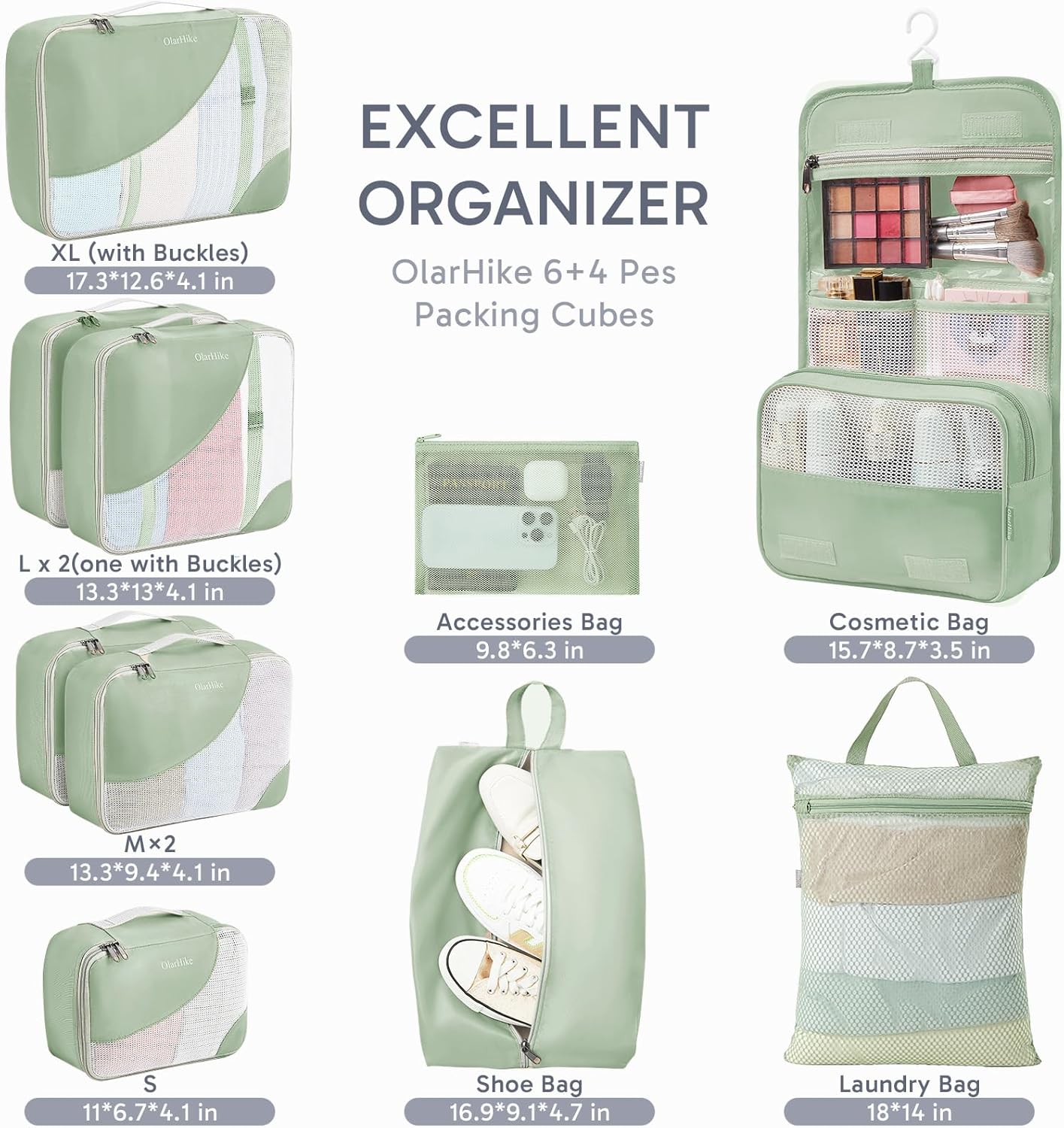 ALL INCLUDED 10 Set Durable Packing Cubes for Suitcases,OlarHike Essentials for Travel,UPGRADED Anti-Tear Stitching, NEW Improved Luggage Packing Organizers for Travel Accessories, Matcha Green
