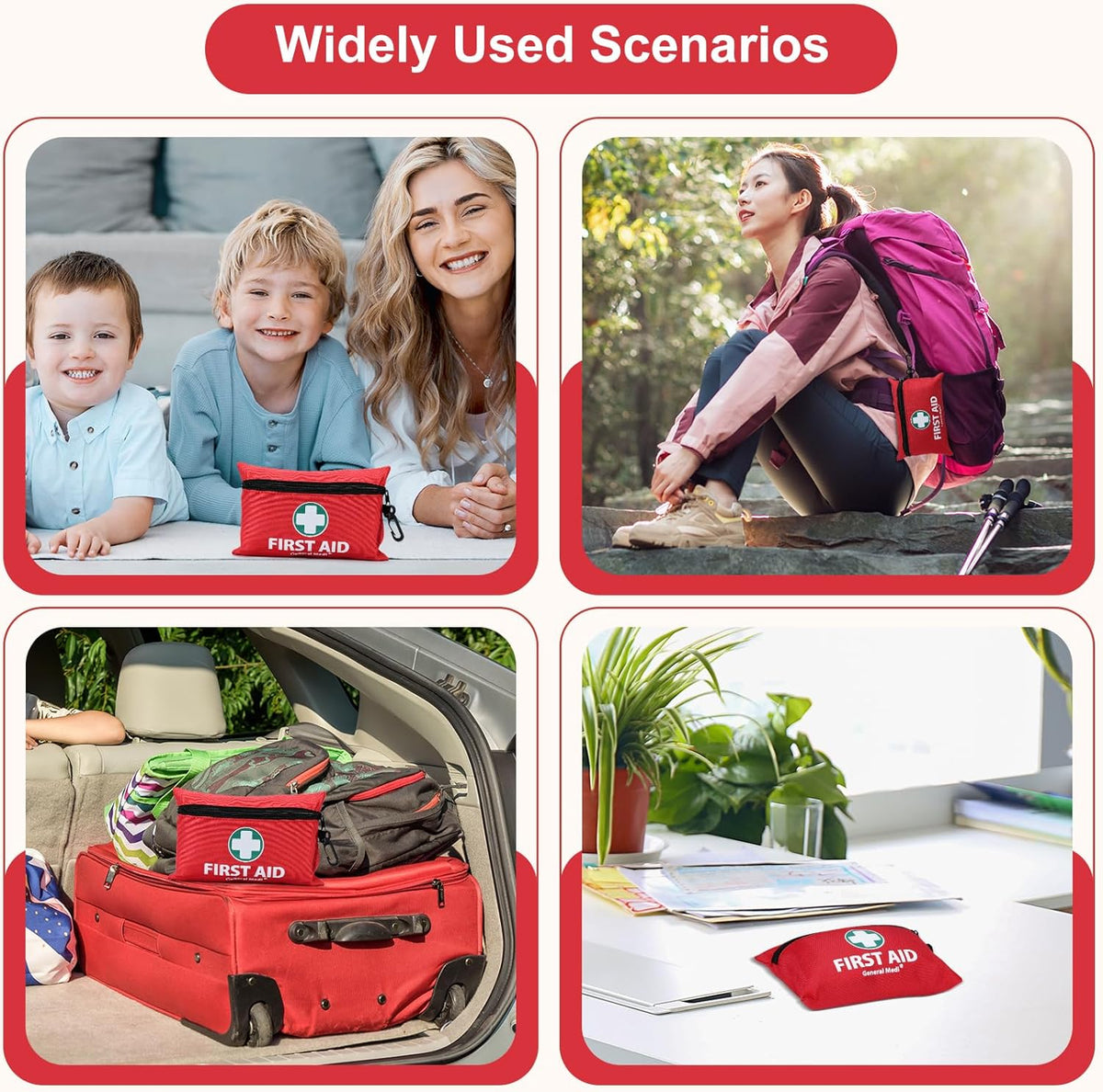 General Medi Mini First Aid Kit, 150 Piece Small First Aid Kit - Includes Emergency Foil Blanket, Scissors for Travel, Home, Office, Vehicle, Camping, Workplace & Outdoor (Red)
