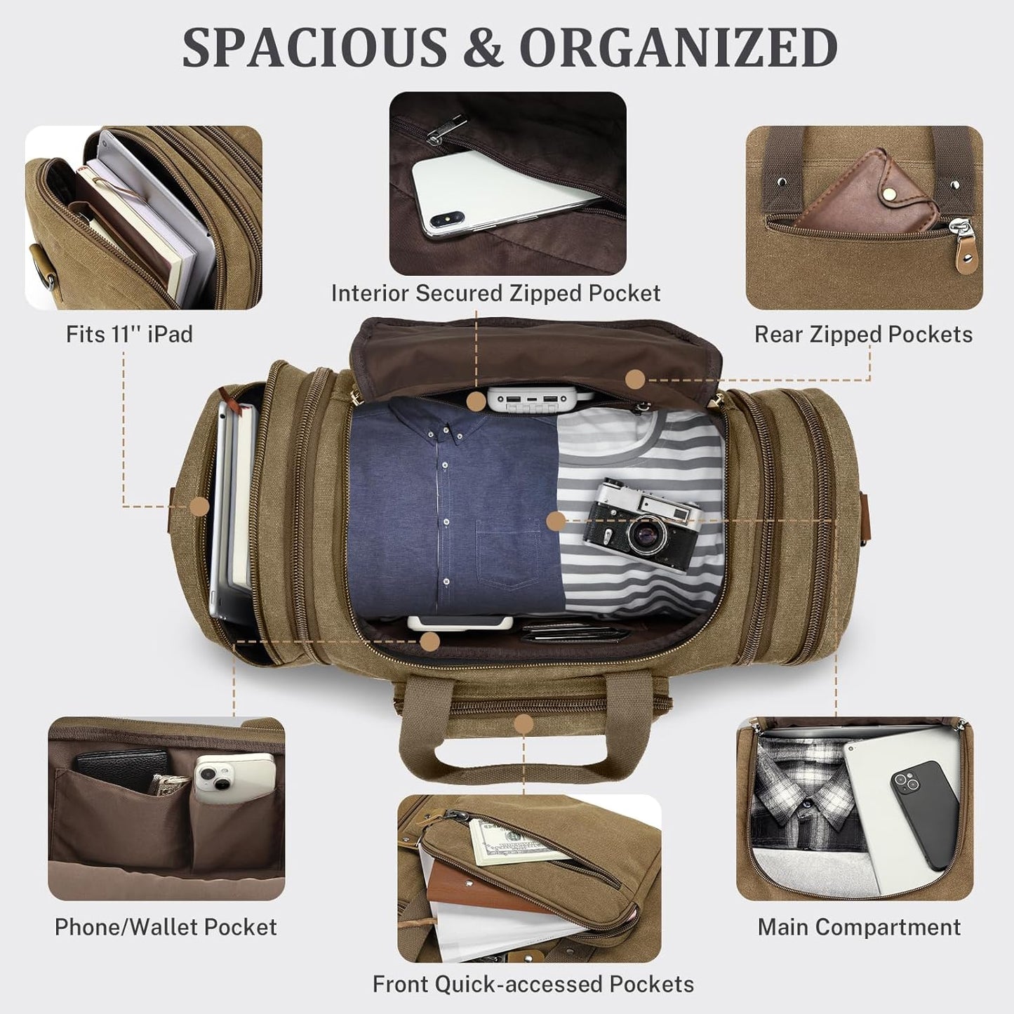 Gonex Canvas Duffle Bag for Travel 60L Duffel Overnight Weekend Bag(Coffee)