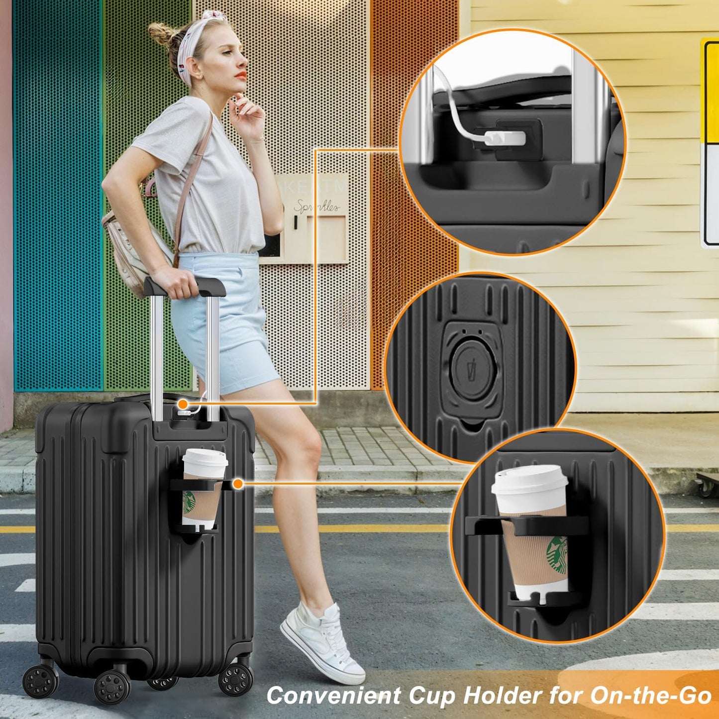 Krute Luggage Sets 2 Piece Suitcase with Spinner Wheels PC+ABS Hardside Suitcases Charging Port TSA Lock Carry On Luggage with Cup Holder 20+28 Inch