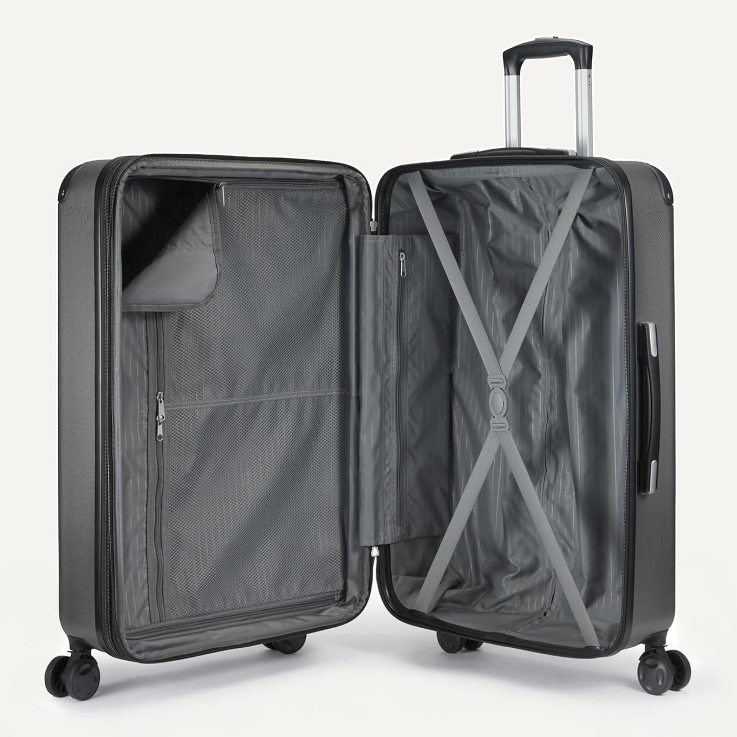 Amazon Basics 4-Piece Luggage Set, Including Two Hardside Suitcases With Multi-directional Spinner Wheels (22" Carry-On and 28" Checked), One 15-inch Tote Bag and One 10-inch Compact Travel Bag, Black