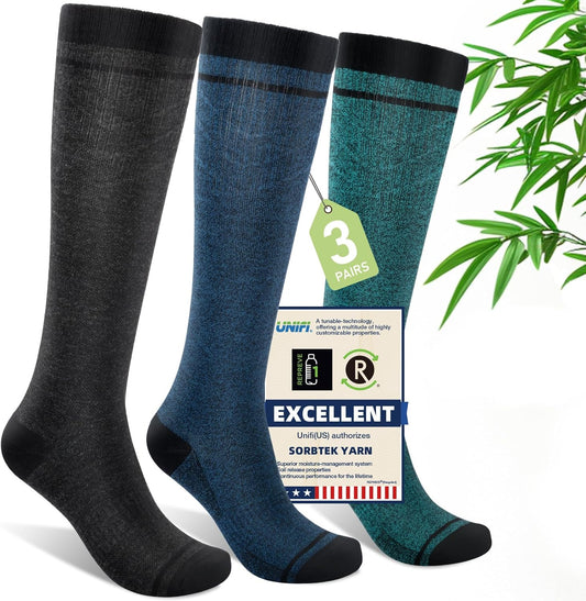 Mens Compression Socks for Men Women, 15-20 mmHg Bamboo Viscose Knee High Soft Support for Travel Daily