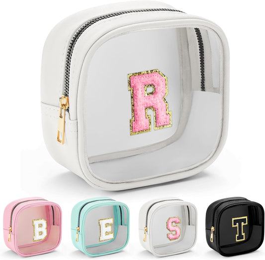 YOOLIFE Initial Make Up Bag Travel Toiletry Bag, Clear Makeup Bag Preppy Cosmetic Bags Organizer Travel Essentials Gifts for Women Teen Girlfriend Teacher Mom Birthday Mothers Day Gifts White R
