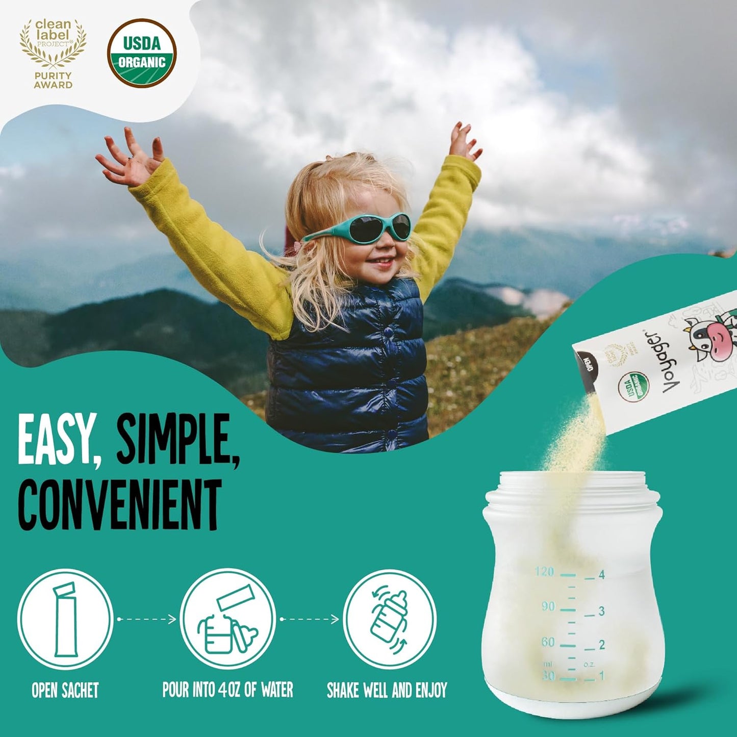 Voyager Toddler Milk On The Go, USDA Organic Shelf Stable Whole Milk Powder, Great for Travel, No Refrigeration, Gluten Free with No GMO's and No Antibiotics for Kids, 32 Sachets of 15g - 2 Pack