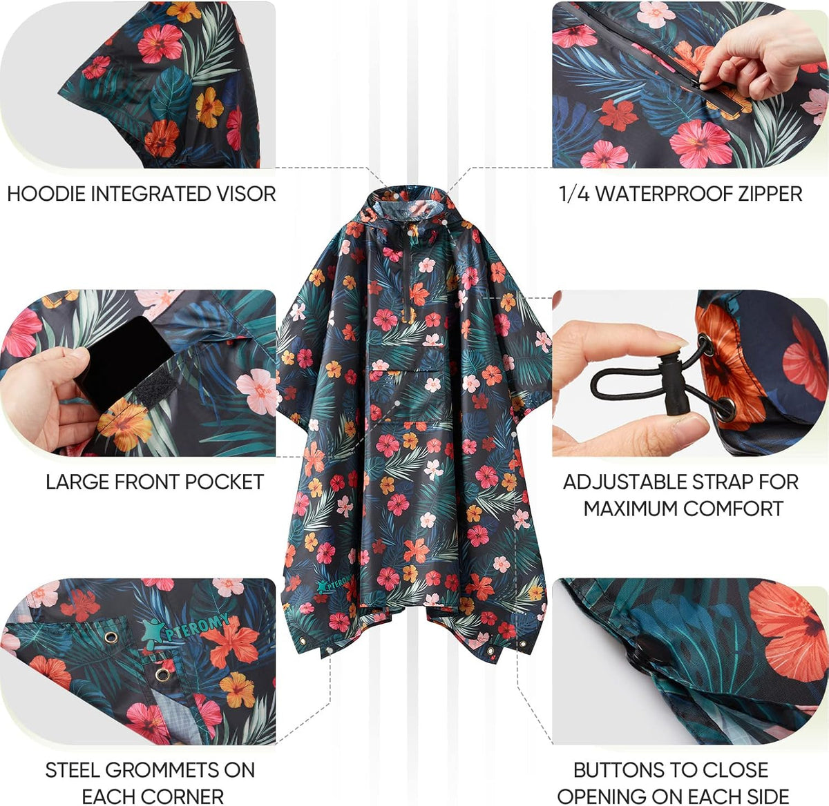PTEROMY Hooded Rain Poncho for Adult with Pocket, Waterproof Lightweight Unisex Raincoat for Hiking Camping Emergency