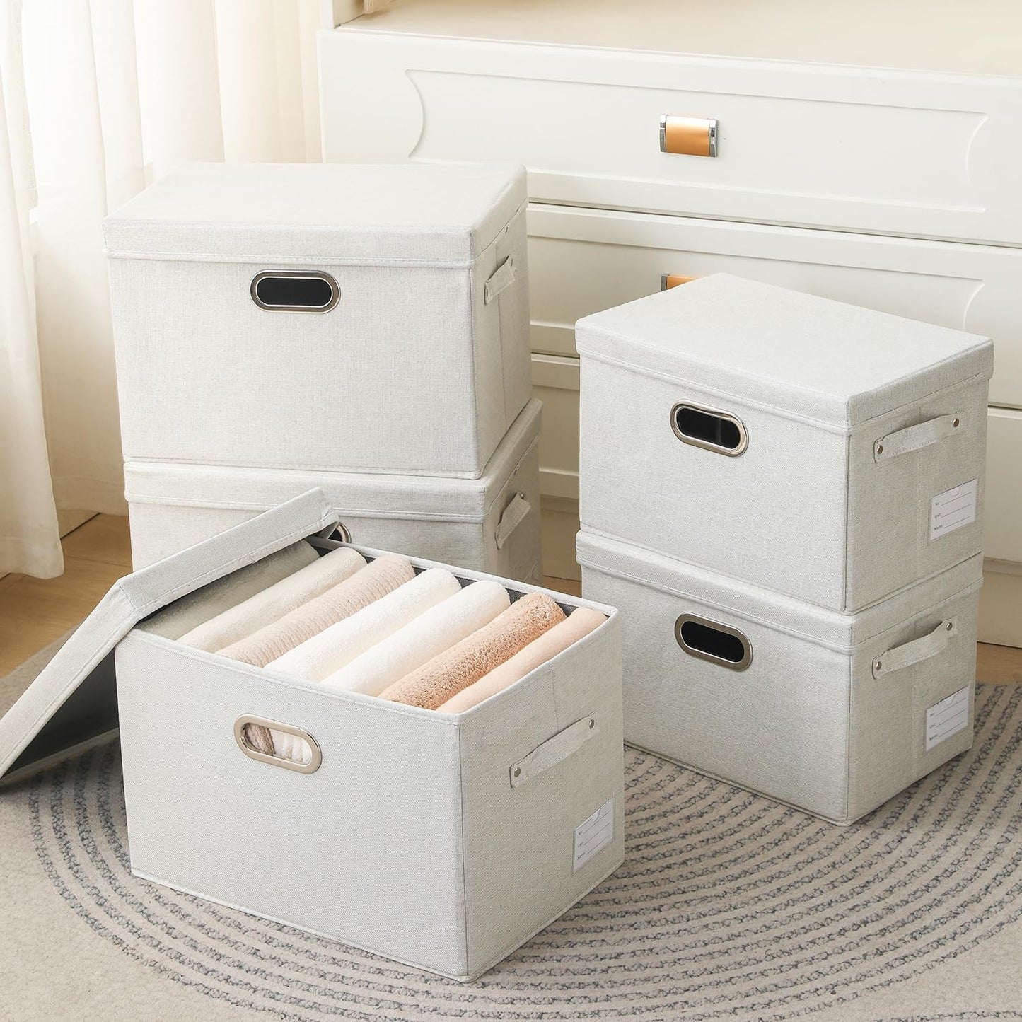 PRANDOM Collapsible Storage Bin with Lid [5-Pack] Fabric Foldable Storage Box Organizer Container Basket Cube with Cover for Home Bedroom Closet Office Beige(15.3x10x9.7)